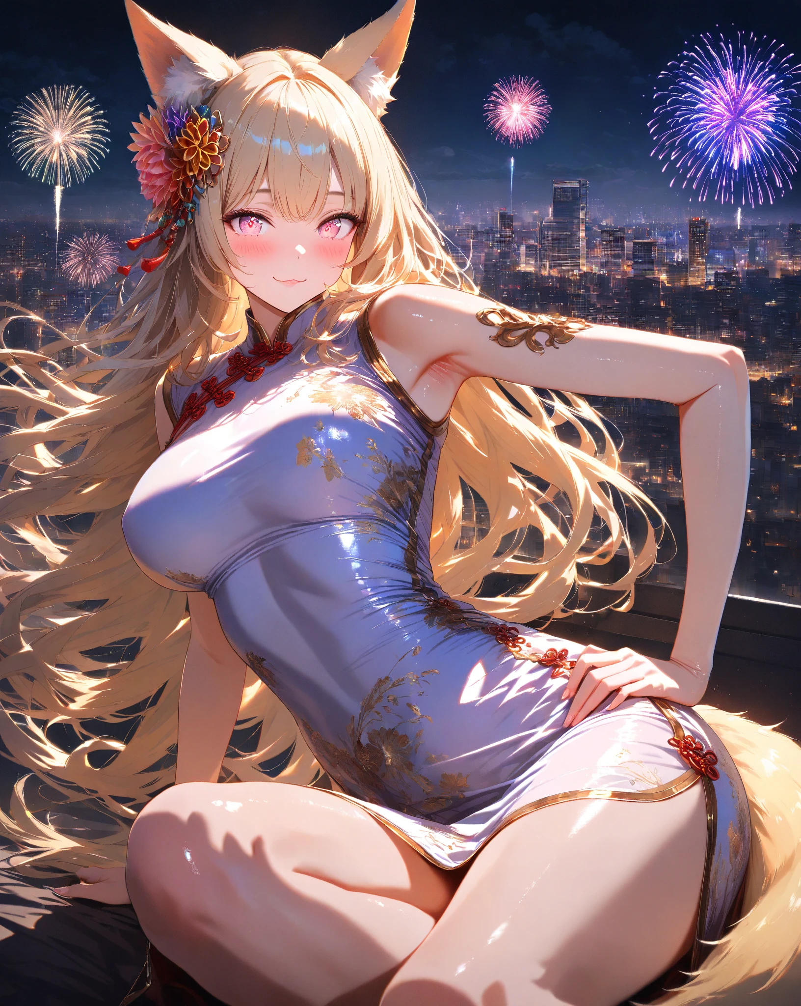 hight resolution, absurdres, best_Quality, Ultra_Detailled, 8K, extremely_clear, photo, beautiful, Beautiful face, Scharp Focus, HDR, 1girl, Clean eyes, very wide-eyed,sitting in front of an firework,hanabi , at night, Beautiful face, very red areola, standing , very seductive pose, very young, no bra, bare chest, No Top, NSFW, Blond long hair with red ends, pierced ears,
