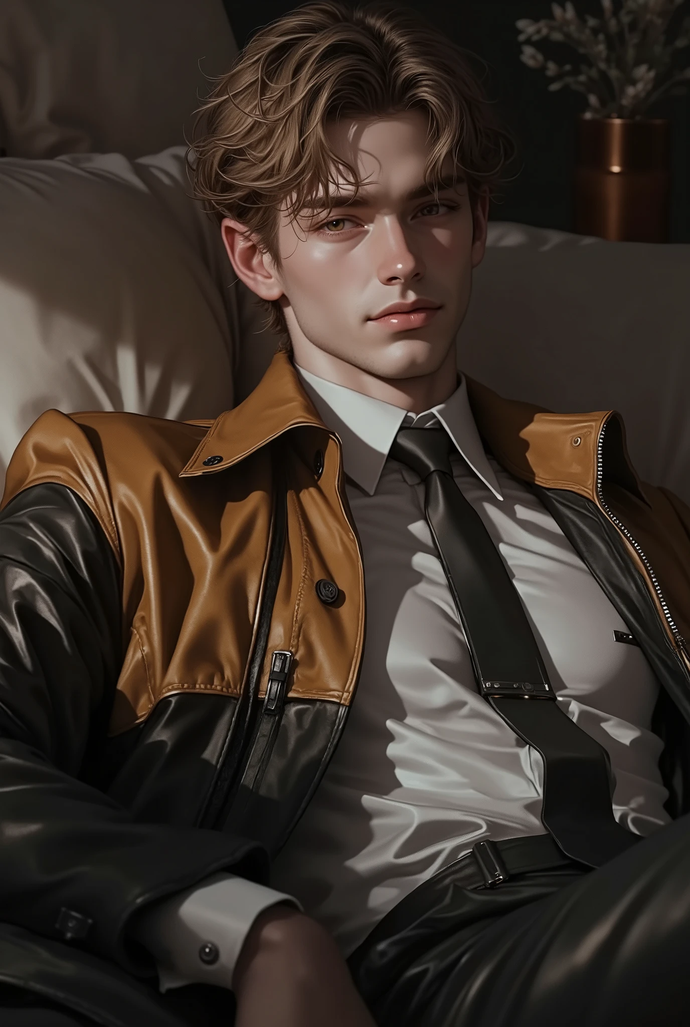 First person point of view, A handsome young man with short Goldenrod hair, hazel eyes, On the bed, Sit-up position, wearing: The upper part of the outfit consists of a sharp mix of rugged and refined elements: a BlanchedAlmond suede wrinkled zip-up jacket layered over a classic white dress shirt slightly open and a loose black tie. The contrast between the rugged texture of the jacket and the formality of the shirt-and-tie combo gives it a bold, fashion-forward edge with a touch of street-smart sophistication (masterpiece:1.2), (best quality:1.2), (very aesthetic:1.2), (absurdres:1.2), (detailed clothes:1.2), (detailed eyes:1.2), (EyesHD:1.2), newest, intricate details, dark lighting, dramatic atmosphere, slightly high angle, chiseled chest.
