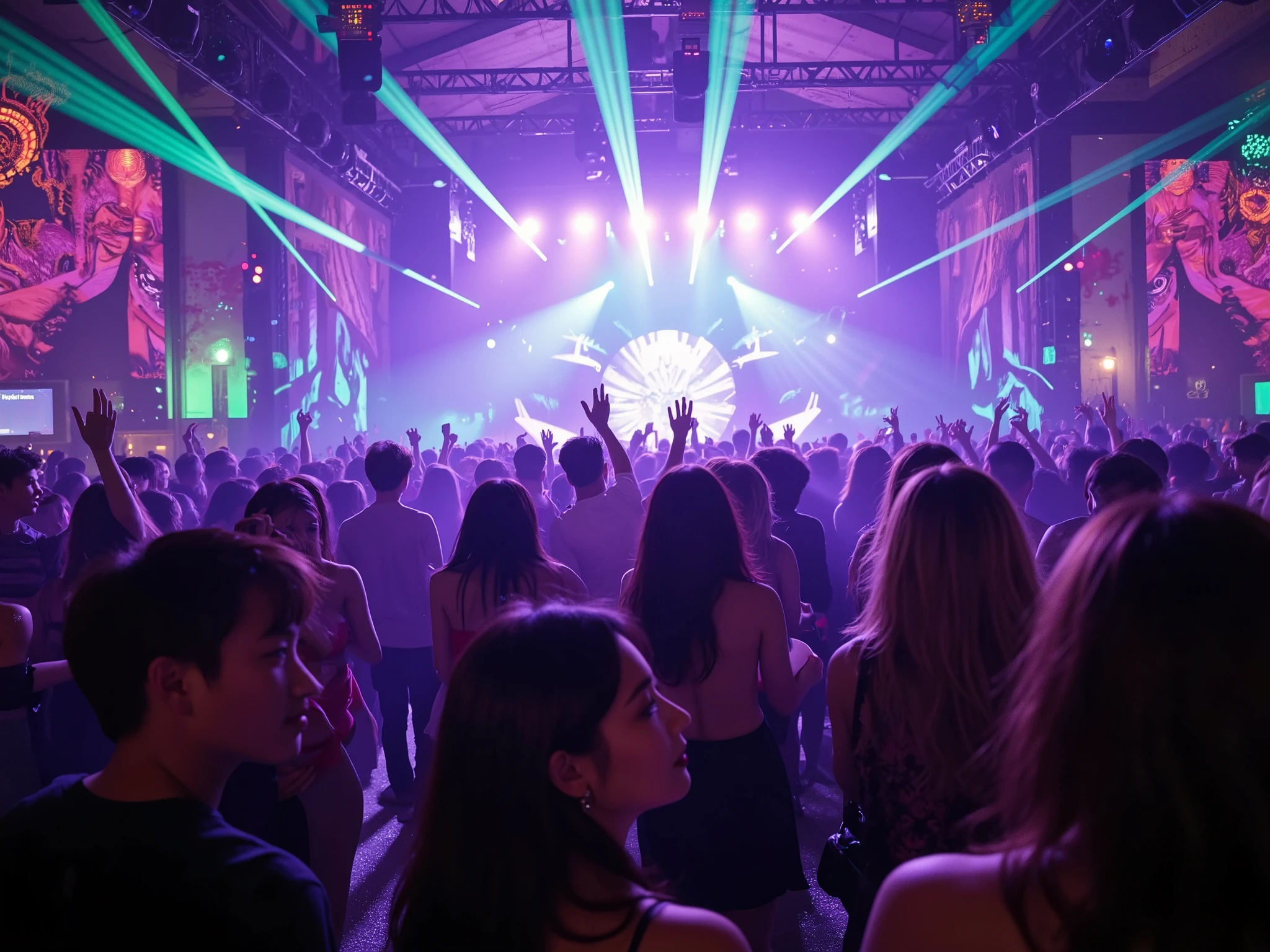 "Create a high-resolution digital image for the cover of a YouTube video about dance music, where a super festive setting comes to life. Imagine a night party filled with vibrant lights and special effects: pulsating neon lights , laser beams that color Do the air and color reflections that are Blend into a visual spectacle. In the center of the scene, a lively and contagious crowd has fun, with faces illuminated with euphoria and movements that reflect the energy of the music. Detail the dance floor with a modern and futuristic composition, where every element — from the glitters to the details of the revelers' costumes — transmits an atmosphere of celebration and freedom. The image must be extremely beautiful, with each pixel carefully rendered to create an unforgettable and impactful visual, capable of transporting the spectator to the epicenter of the party."