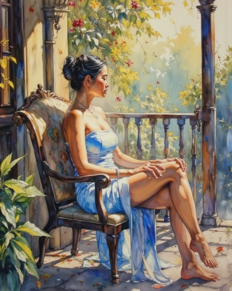 up to 8K, The best quality, masterpiece, Wet and dry watercolor painting, Bright color palette, Color and tonal perspective, Open robe, naked female body, (A plump woman of 50 years of short stature), Rectangular face, short neck, dark hair, Bob Carre Haircut, Sitting on the sofa, Correctly expressed arms and legs, (female physique), (Bare nipples and stomach), Work in the style of Agnes Cecil, bright design, pastel colors, (Shower: 1.3)