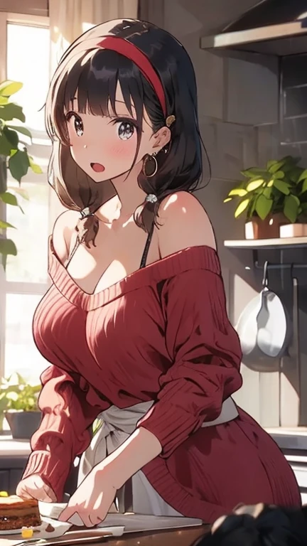 (from above:1.0),(from side:0.9),masterpiece, 1girl, Amazing Cleavage:1.1, thin waist, big ass, Raised sexy, small breast: 1.3, posed cleavage:1.2、solo, looking at viewer, open mouth, have a cute grass of cute beergrass,black hair, dark green eyes, dress, bare shoulders, jewelry, collarbone, sidelocks, hairband, earrings, indoors, off shoulder, :o, sweater, arms behind back, plant, short hair with long locks, gild hairband, off-shoulder dress, sweater dress, off-shoulder sweater, red sweater, dark gord hair, big side hair, very long side hair,is rendered in (masterpiece: 1.2, best quality), with (ultra high resolution) and an exquisite (depth of field). This masterpiece is not only visually stunning but also tells,A scene of cooking in the kitchen by classroom 