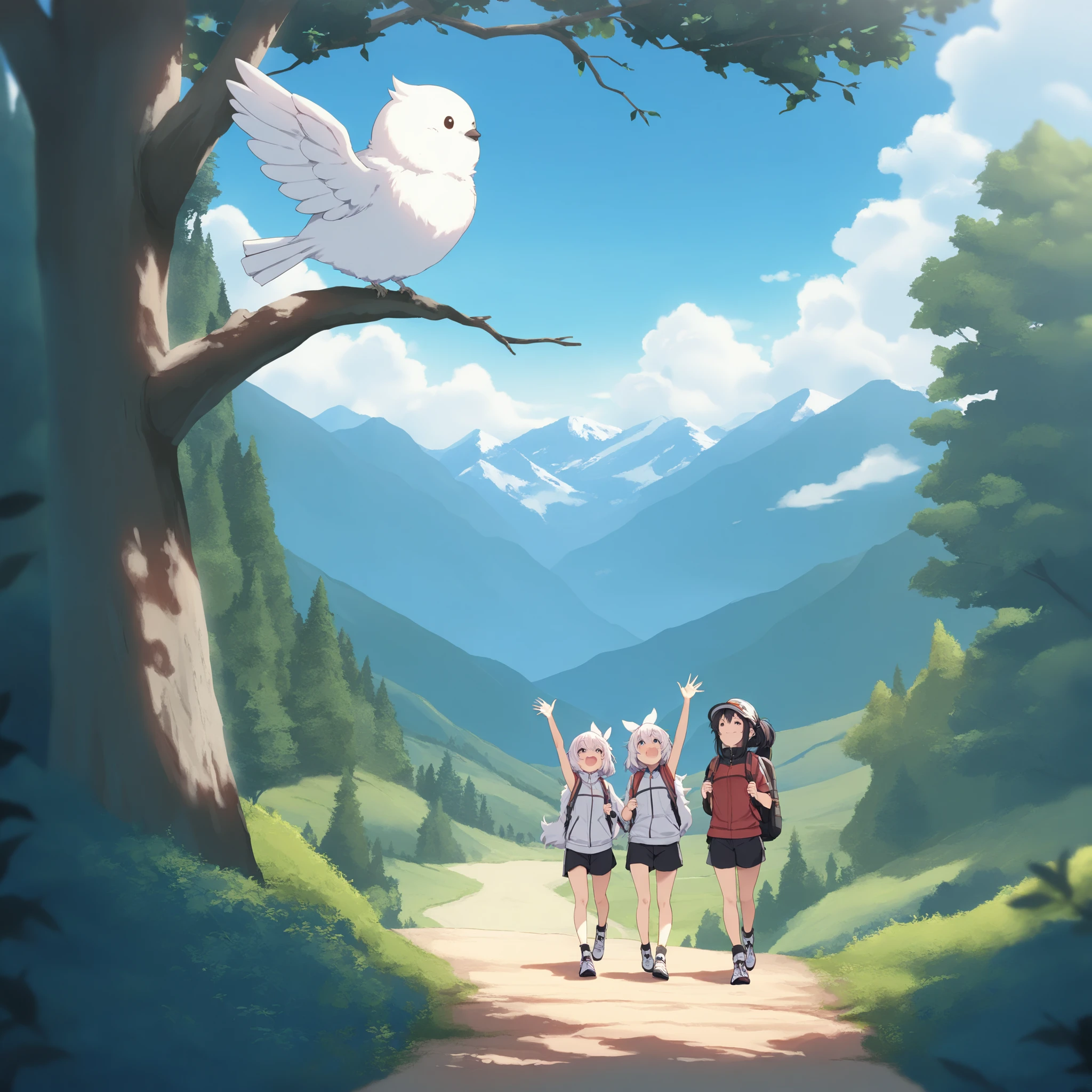 Masterpiece,Best quality, ultra detailed,Japanese Anime style, (pure white sparrow mascot) , fluffy , simple face, cute appearance, A white sparrow is standing on a tree branch, waving its wings. girls are hiking along a summer mountain path in the mountains. They are looking up at the white sparrow with smiles on their faces.