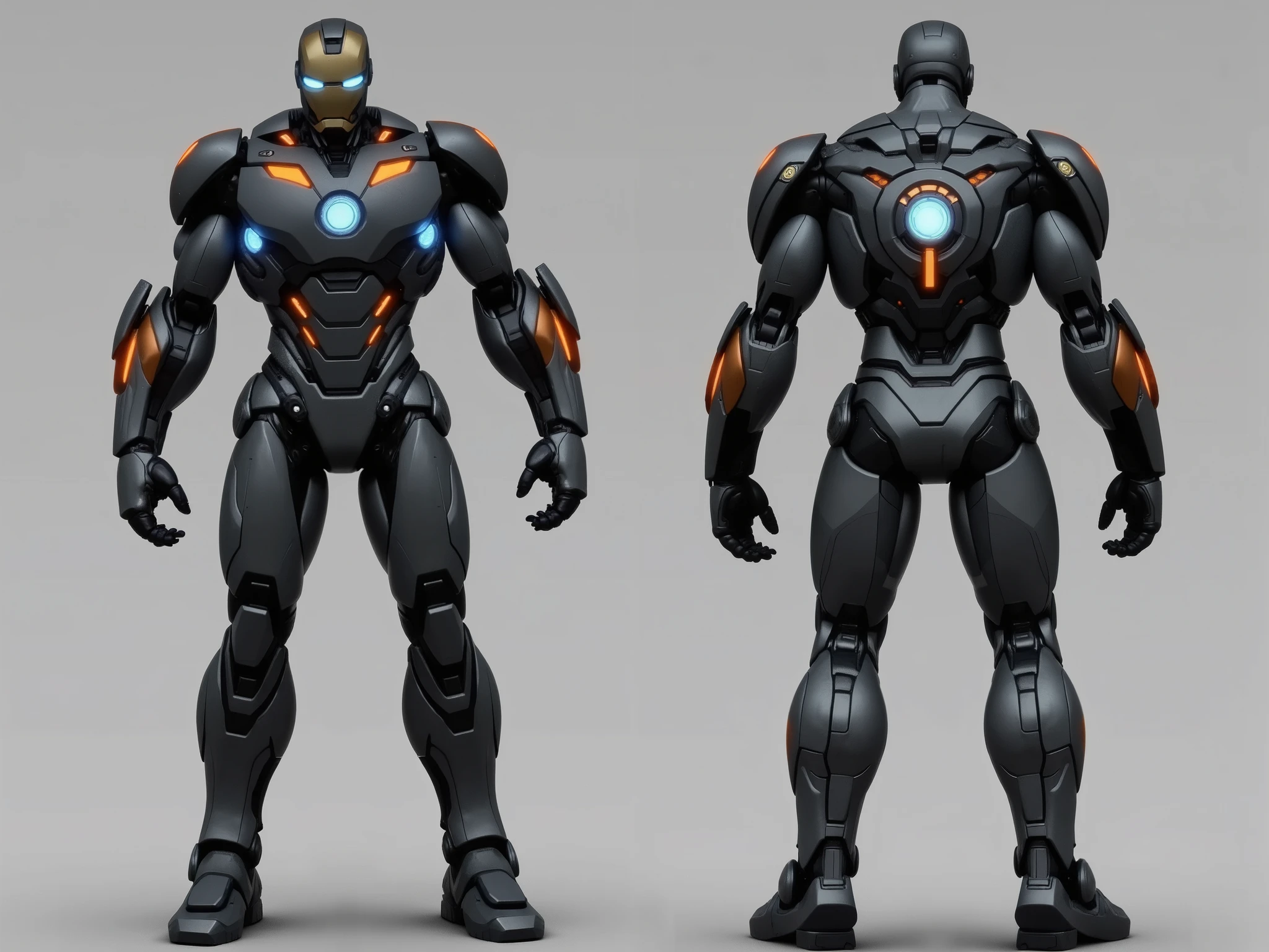 Create a highly detailed image of a prototype armor inspired by Ironman Mark 1, designed in a retro style. The armor should feature the following elements:
1. **Overall Design**: Full-body armor with a vintage aesthetic, emphasizing a rugged, industrial look. The silhouette should reflect the original Mark 1 design but with modernized retro touches.
2. **Color Scheme**: Predominantly silver metallic color with hints of aged brass and copper accents to enhance the retro feel.
3. **Jet Pack**: Include a prominently designed jet pack on the back, equipped with visible plasma thrusters that emit a bluish glow, showcasing advanced technology.
4. **Jet Boots**: The boots should be designed with integrated plasma thrusters, effectively demonstrating their functionality and style. The thrusters should also emit a bluish light, complementing the jet pack.
5. **Power Source**: Incorporate a large arc reactor at the center of the chest, glowing brightly and serving as the main power source for the armor.
6. **Views**: Provide two perspectives: a front view showcasing the full armor and the arc reactor, and a back view highlighting the jet pack and thrusters.
7. **Background**: Use a simple, neutral background that emphasizes the armor without distractions, allowing the intricate details to stand out.
Ensure the image conveys a sense of power and innovation while staying true to the retro theme.