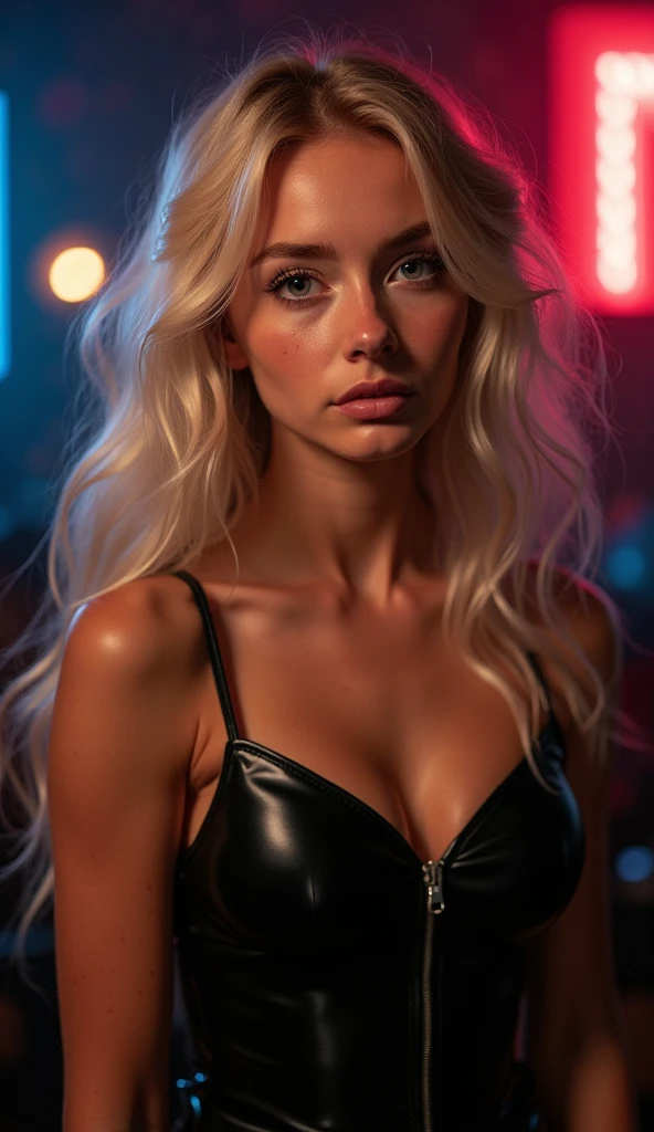 Beautiful sexy busty blonde woman with wavy long hair, doing topless. cyberpunk visuals.