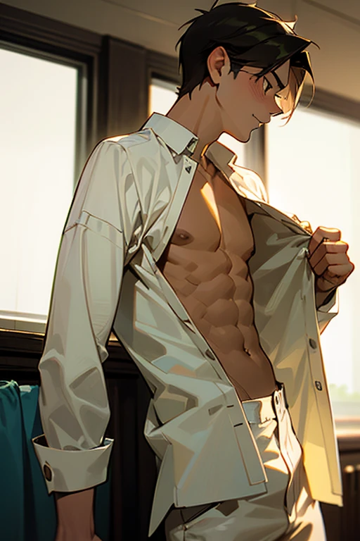 Realistic、Cute handsome man、Idol face、、Japanese、Slim body、Mash Hair、Torn and open shirt、Six-pack、Trousers hanging down、A crowded train、Red Boxer Briefs、The old man next door puts his hand inside his briefs、Being touched all over the body、Old man grabs bulge in boxer briefs