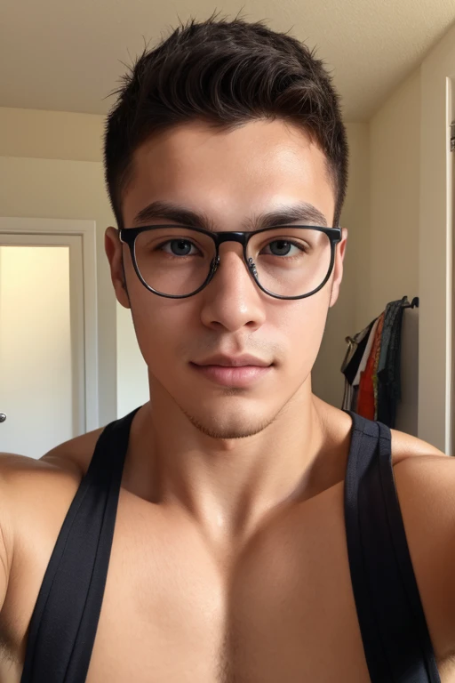 Un niño de catorce años naked, very beautiful, White skin, fine features, light brown eyes, light brown hair, small slanted eyes, serious look, sad look, unclothed, In the living room, discreet glasses, naked, whole body, whole body, big pointed nipples, very defined pectorals, the boy is very masculine,