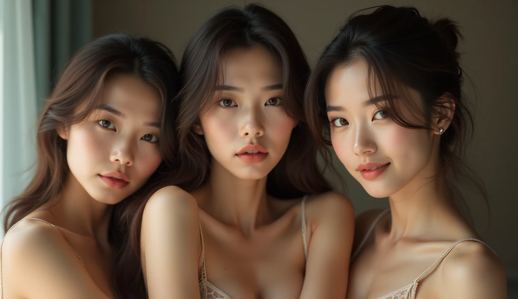 3 beautiful women with white skin and straight black hair, Nude, sitting on the sofa and opening both legs, facing forward with a smiling facial expression