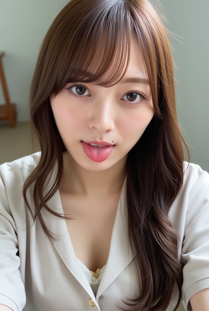 (Girl sitting on a seat on a Japanese train:1.2、Sit in a chair on the train、face to face)、((Mine system、Blouses with ruffles、(black flared skirt:1.2)、Knee-high socks、sneakers、Cleavage、I can see your chest)、(Realistic、Like a photograph、Live Action、8k, Realistic, RAW Photos, Best image quality: 1.4), Single-lens reflex camera、RAW Photos, Highest quality, Realistic, Highly detailed CG Unity 8k wallpaper, Written boundary depth, Cinematic Light, Lens flare, Ray Tracing, Realistic background、((Ultra-Dense Skin))、-yeld giCute Japanese Girl、(whole body:1.5)、Very detailedな顔，avert your eyes:1.1、(Long Hair:1.2)、I like that style、stylish、Very detailed、Pay attention to the details、Perfect outfit、(Sunburned skin)、View from above、Accurate hands、Accurate legs、Detailed hands and fingers、Anatomically correct body、Thin legs、Thin thighs、Small breasts、Super detailed face