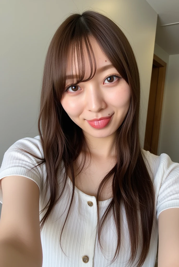 A beautiful Japanese shy girl, 18 years old, long brown hair, brown big eyes, shiny lip, shiny hair, ecstatic expression, in front of sunset scape, orange color sky, The background is very blurry, wearing white blouse,