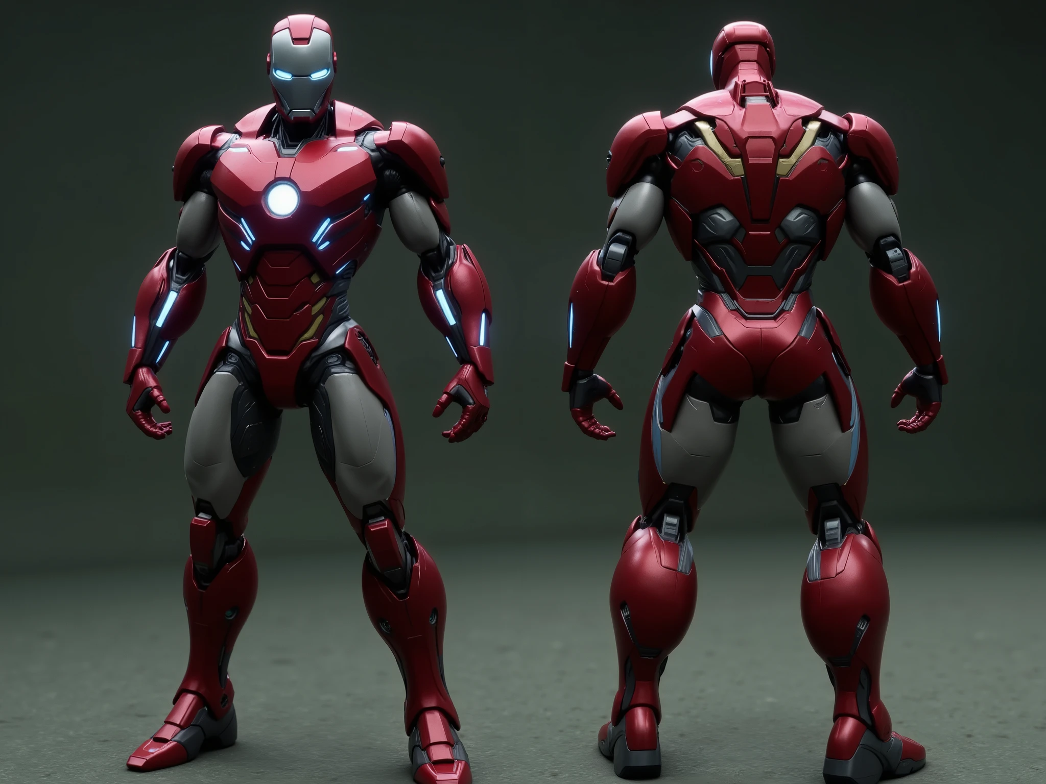Create a highly detailed image of a prototype armor inspired by Ironman Mark VI, designed in a retro style. The armor should feature the following elements:
1. **Overall Design**: Full-body armor with a vintage aesthetic, emphasizing a rugged, industrial look. The silhouette should reflect the original Mark VI design but with modernized retro touches.
2. **Color Scheme**: Predominantly red metallic color white, silver and gold accents to enhance the retro feel.
3. **Jet Pack**: Include a prominently designed jet pack on the back, equipped with visible plasma thrusters with nozzles that emit a bluish glow, showcasing advanced technology.
4. **Jet Boots**: The boots should be designed with integrated plasma thrusters, effectively demonstrating their functionality and style. The thrusters should also emit a bluish light, complementing the jet pack.
5. **Power Source**: Incorporate a large arc reactor at the center of the chest, glowing brightly and serving as the main power source for the armor.
6. **Views**: Provide two perspectives: a front view showcasing the full armor and the arc reactor, and a back view highlighting the jet pack and thrusters.
7. **Background**: Use a simple, neutral background that emphasizes the armor without distractions, allowing the intricate details to stand out.
Ensure the image conveys a sense of power and innovation while staying true to the retro theme.