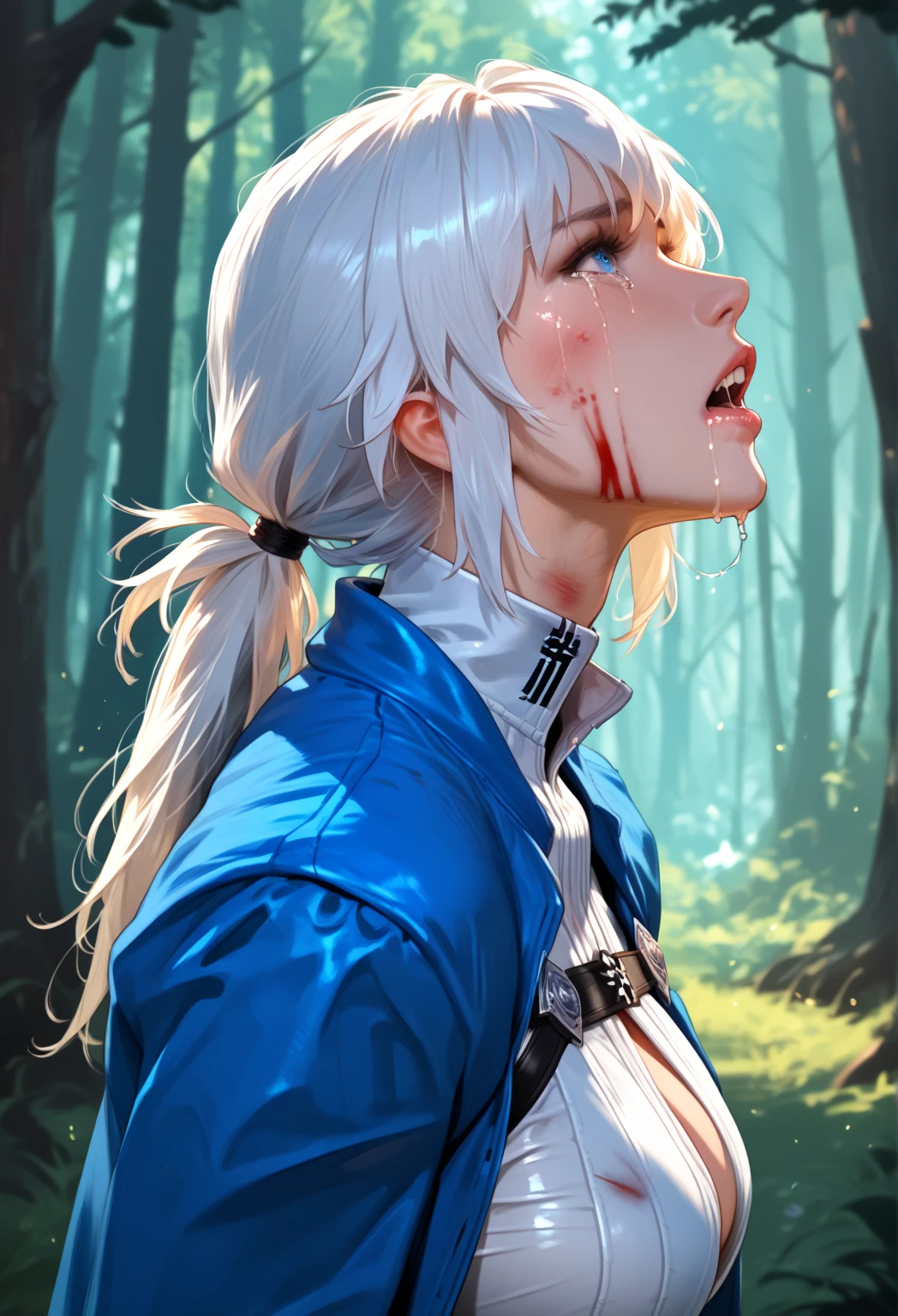 Masterpiece, best quality, night, outdoors, rainy days, branches, Chinese style, ancient China, 1 woman, mature woman, silver white long haired woman, gray blue eyes, light pink lips, cold, serious, weak, bangs, assassins, short knives, white clothes, black clothing patterns, blood stains, blood, injuries, bloody, delicate facial features, delicate facial features,