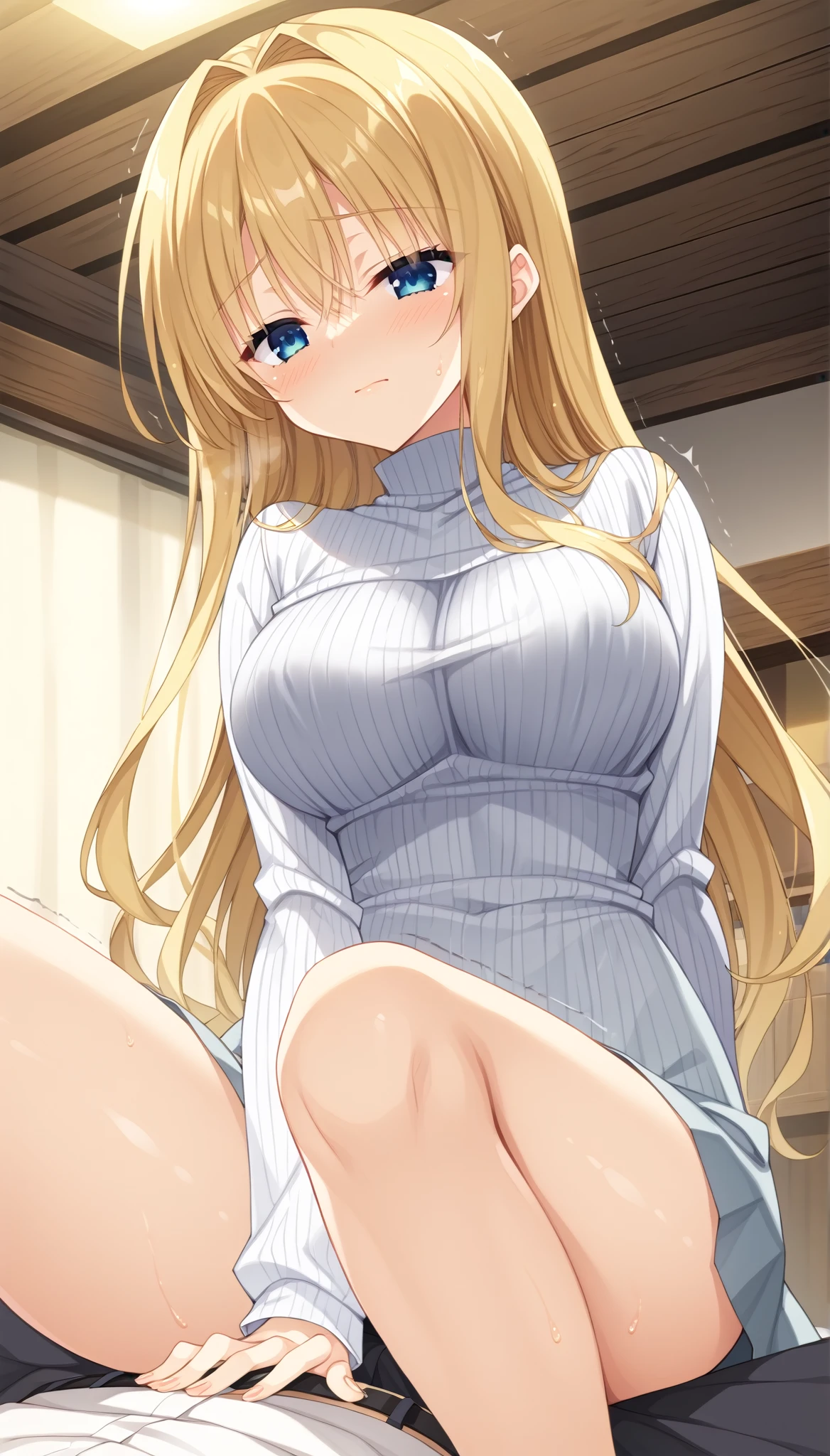 ((Highest quality))、((masterpiece))、(detailed)、((Anatomically correct))、(High resolution、8K)、One Woman、aldult、adult、(Look at me)、(Ultra-glossy skin with attention to detail:1.1)、Glowing Skin、bangs、long hair、Wavy Hair、Shiny blonde hair、(Beautiful Eyes:1.3)、Slender figure、Thin thighs、E Cup、Accentuate the cleavage、Slipping、Nipples、((Spread your legs、Dripping love juice))、White Dress、Western-style room、Sitting on a luxurious sofa、Low - Angle、Lighting from the front