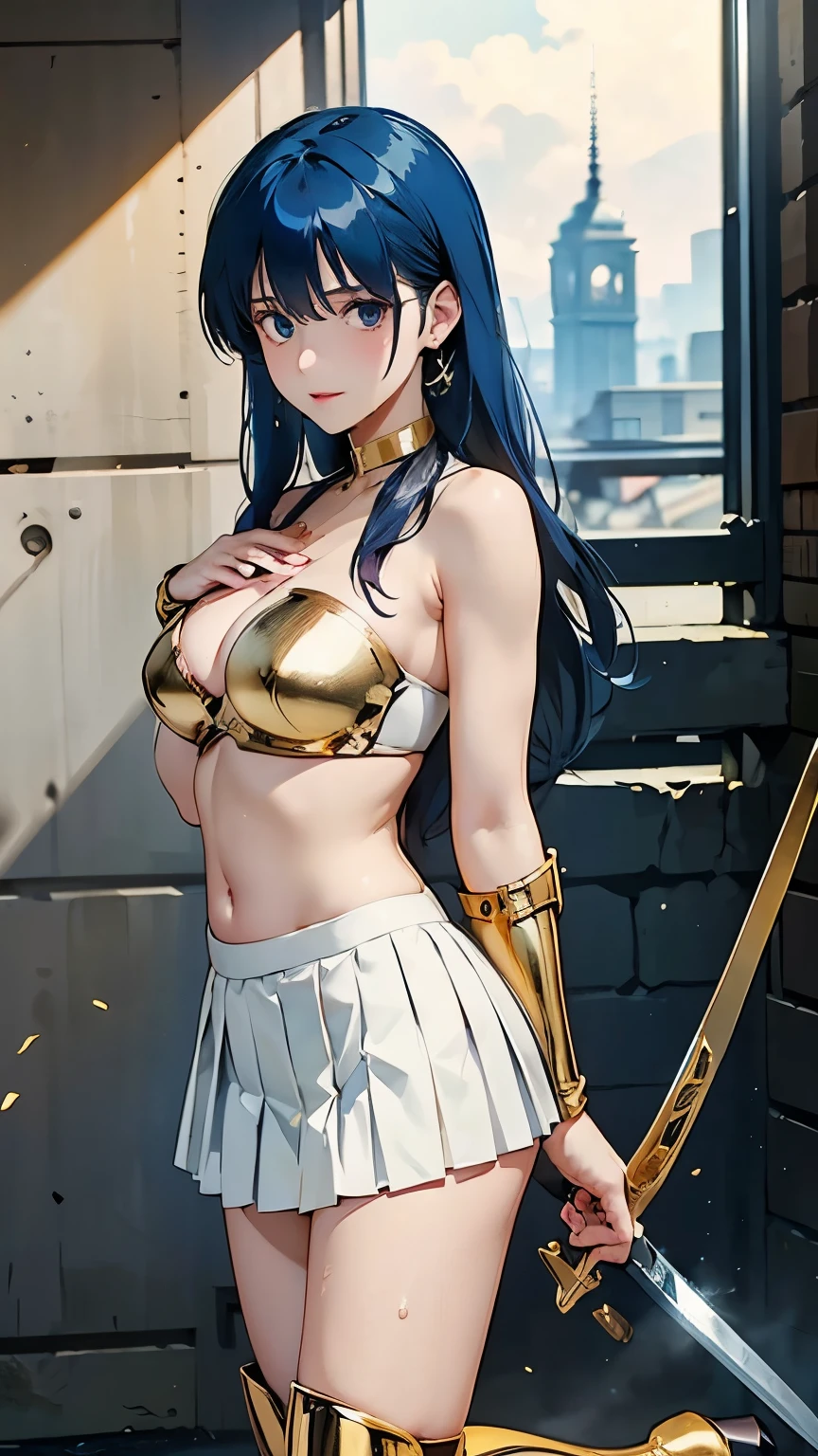 Nsfw, Full color, (transparency:2.0), masterpiece, Highest quality, High resolution, 8K, Ultra-realism, Detailed and realistic skin texture, Detailed and intricate texture, Detailed and intricate brushwork, Detailed and clear depiction, Transparent depiction, aesthetic,
BREAK 1 woman, 1, Perfect female body, elegant mature woman, Beautiful woman,
BREAK Height:163cm, body weight:44㎏, breasts 82cm, waist 58cm, hip 84cm, vital statistics,
BREAK (((flat chest))), slender body, Cute beauty face, Ultra-fine facial texture,
BREAK Healthy Body, Alluring, Precise texture expression, Sense of presence, blush,
BREAK armor knight, (((bikini-type gold metal breastplate))), intricate decoration, (((crop top))), (((strapless dress))), ((Cleavage)), (((choker))),
BRAKE (((((Thigh-length gold metal boots))))), ((gold gauntlet)), Metallic Shine,
BREAK (((((white pleated mini-skirt))))), ((white panties)),
BREAK (navy blue hair), Long hair, silky hair, swept-side bangs, (forehead),
BREAK (((navy blue eyes))), fine eyes, puffy eyes, thin eyebrows, long upper eyelashes, Upper Eye, high fidelity eyes, ((super detailed eyes)),
BREAK plain wall, realistic, photorealistic, digital painting, extremely detailed, Wallpaper Anime, Advanced Digital Animation Art”, 2. 5d cgi anime fantasy artwork, dynamic angle