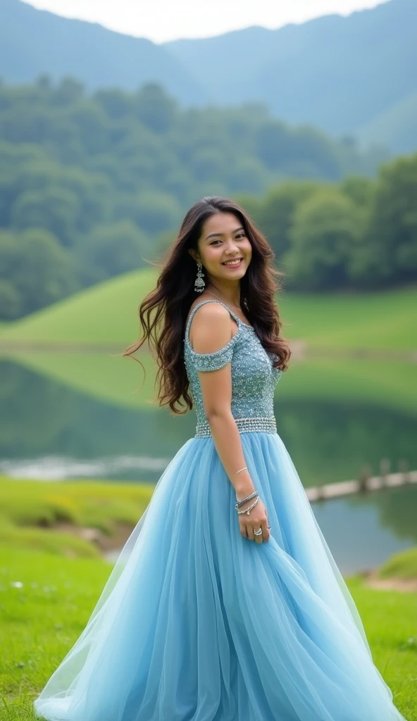 Realistic full body photo of a smiling brunette with long hair, She dances in front of the camera in a long A-line dress with straps made of shiny blue chiffon., Park,glamour fotoshooting, Wedding celebration, perfect anatomy, perfect brown eyes. Perfect hands with 5 fingers on each hand, Matching girl, look into the camera, 1 Frau. (Eye make up:1.1), (highly detailed skin:1.1), spirit, analog style, keen focus, 8K UHD, dslr, good quality, Fujifilm XT3, Grain, Award-winning, masterpiece. Wedding celebration. She sits on a bench and shows her beautiful long dress. Beautiful shoes