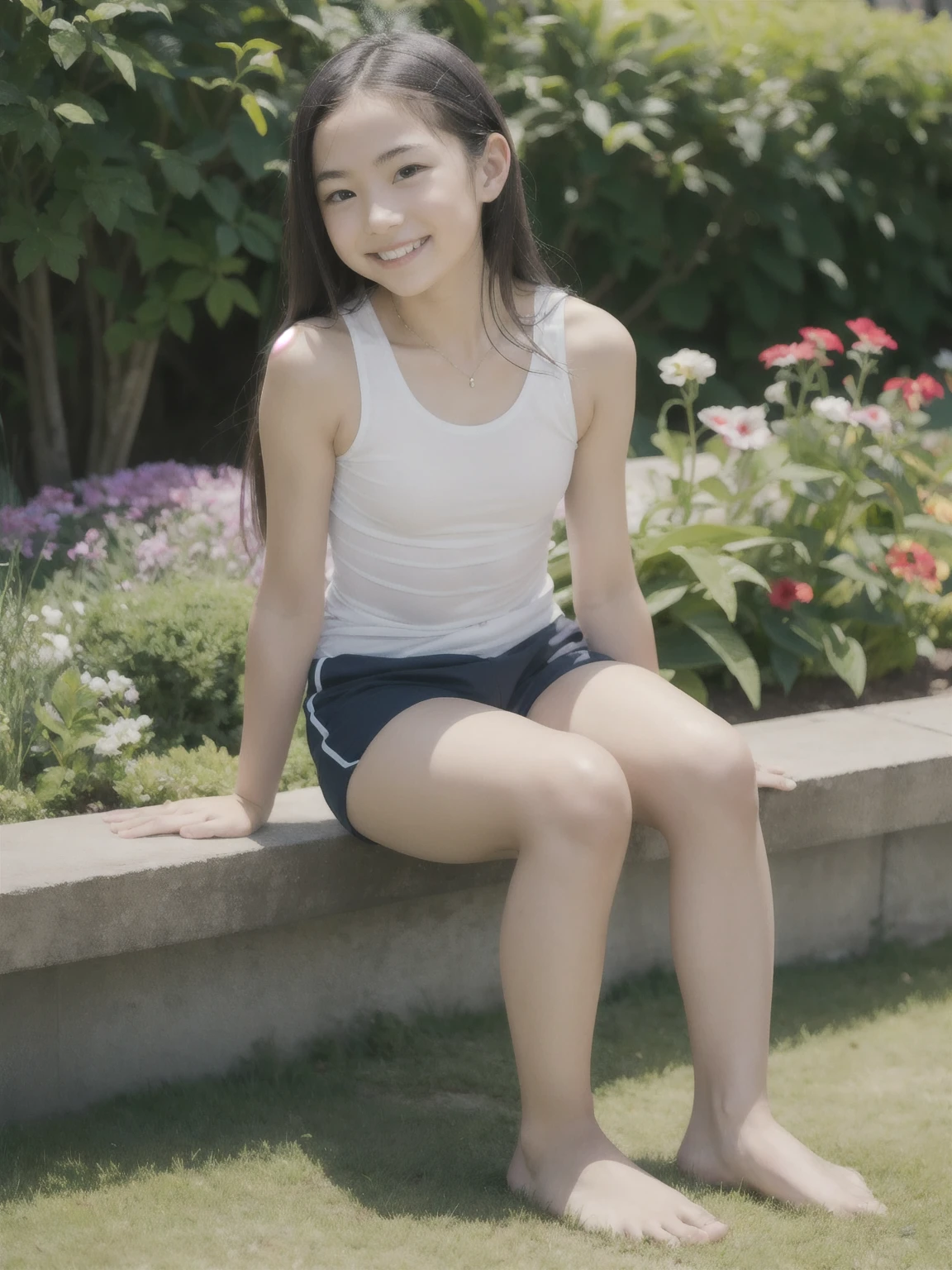 8K、Elementary school beautiful girl、A sparkling smile、Arms raised to show armpits、A darK-haired、detailed beautiful faces、Plain white gym clothes、Very short navy blue bloomers, Sunflower field、Very strong wind、Decolletage、Sit on the 