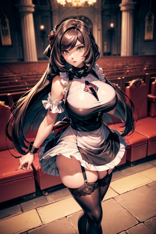 (isade), (1 girl),(Girl1 :1.5),(super sexy mature body of 20 years old),(loliearance:1.5),(pretty: 1.5), (super hot: 1.5), (dark skin: 2.0), (long dark purple hair and dark purple eyes), (The gigantic breasts with the bust of 387.6cm in length:1.5), (Height 1.52),(beautiful young woman),(super beautiful 18 year old teenagerwearing),+,(\dressed as a maid, and maid clothes and super revealing on the back, I lowered the short skirt a lot, showing my legs, and a little of my panties, and the part of the apron at the back of the skirt is very low, showing her delicious buttocks, and over the maid uniform it looks like a very short and sensual bra, and she has a big ass and super big breasts, she is super busty and has very big buttocks)/