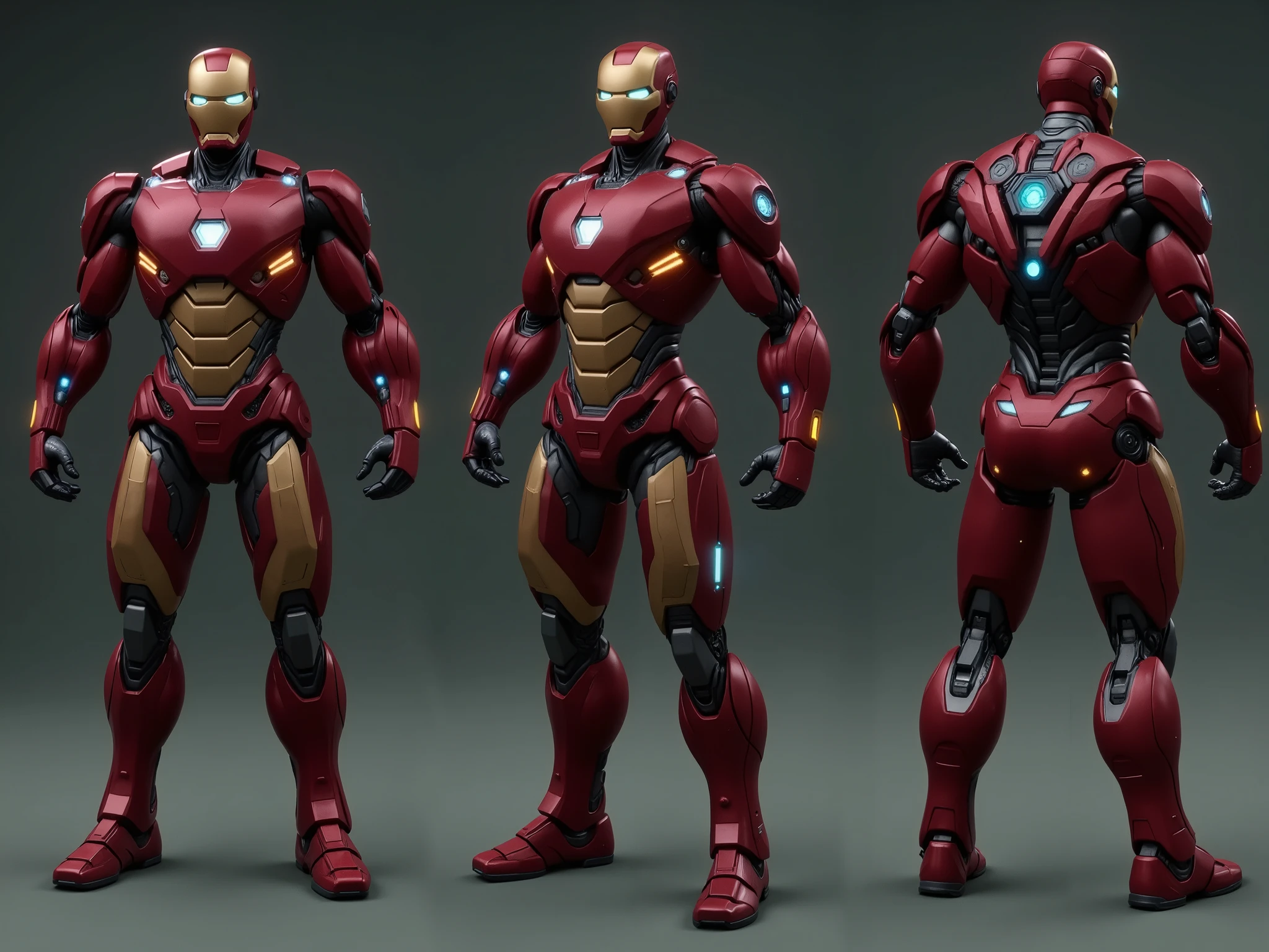 Create a highly detailed image of a prototype armor inspired by Ironman Mark VI, designed in a retro style. The armor should feature the following elements:

1. **Overall Design**: Full-body 6ft armor with a vintage aesthetic, emphasizing a rugged, industrial look. The silhouette should reflect the original Mark VI design but with modernized retro touches.

2. **Color Scheme**: Predominantly red metallic color white, silver and gold accents to enhance the retro feel.

3. **Jet Pack**: Include a prominently designed jet pack on the back, equipped with visible plasma thrusters with nozzles that emit a bluish glow, showcasing advanced technology.

4. **Jet Boots**: The boots should be designed with integrated plasma thrusters, effectively demonstrating their functionality and style. The thrusters should also emit a bluish light, complementing the jet pack.

5. **Power Source**: Incorporate a large triangular arc reactor at the center of the chest, glowing brightly and serving as the main power source for the armor.

6. **Views**: Provide three perspectives: a front view showcasing the full armor and the arc reactor, and a back view highlighting the jet pack and thrusters, and the side view 

7. **Background**: Use a simple, neutral background that emphasizes the armor without distractions, allowing the intricate details to stand out.

Ensure the image conveys a sense of power and innovation while staying true to the retro theme.