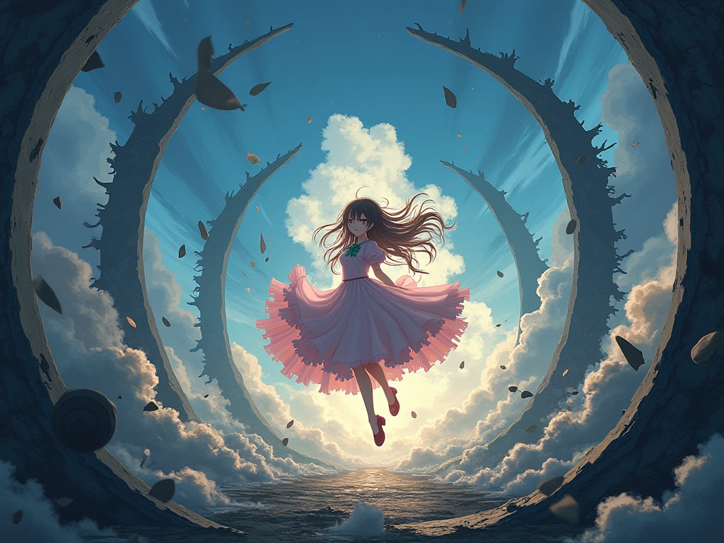 Envision a mesmerizing scene where a woman is suspended by her belly, delicately tied with ornate ropes, in a dreamlike realm of floating islands and colorful skies. The environment is filled with fluffy clouds, waterfalls cascading from the floating islands, and a vibrant, surreal atmosphere. The woman's expression exudes a sense of peace and serenity as she hangs weightlessly in the air. The atmosphere is filled with a sense of wonder and tranquility. This scene will be depicted in an anime-style illustration, with soft lines, pastel colors, and a whimsical touch. The artwork will capture the ethereal beauty and tranquility of the dreamlike realm, creating a sense of harmony and escape from the ordinary world.