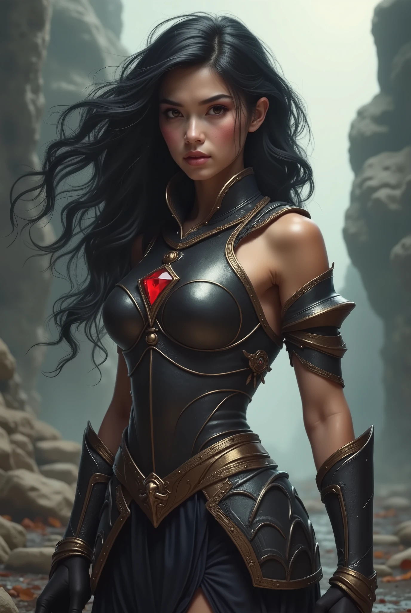 Victori was a graceful 18-year-old girl. SHE HAD A SLENDER BODY, snow-white skin, flushed cheeks earings, , wavy black hair of medium length and light brown eyes that made her striking..
Her expression was intense, revealing a strong and determined presence. His black armor, Imposing and sophisticated, she had a chest plate with a red gemstone encrusted, symbol of power . . The wide shoulder straps and the mittens designed for agility reinforced her imposing image.
Victori was proud of her appearance, but her heart was even stronger than her beauty.