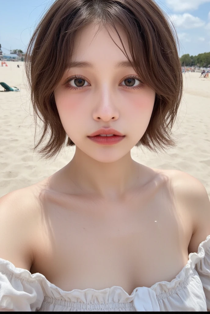 ((best quality, 8k, masterpiece: 1.3)), focus: 1.2, perfect body beauty: 1.4 , (funny expression), (showering in the beach: 1.3), highly detailed face and skin texture, fine eyes, double eyelids, whitened skin, (air bangs: 1.3), (round face: 1.5),necklace,(earrings:1.3),(curly short hair:1.3),(show both armpits:1.2),(beautiful small hard nipple:1.4),(brown hair:1.2),(shiny skin:1.3),(Japanese idol:1.3)
