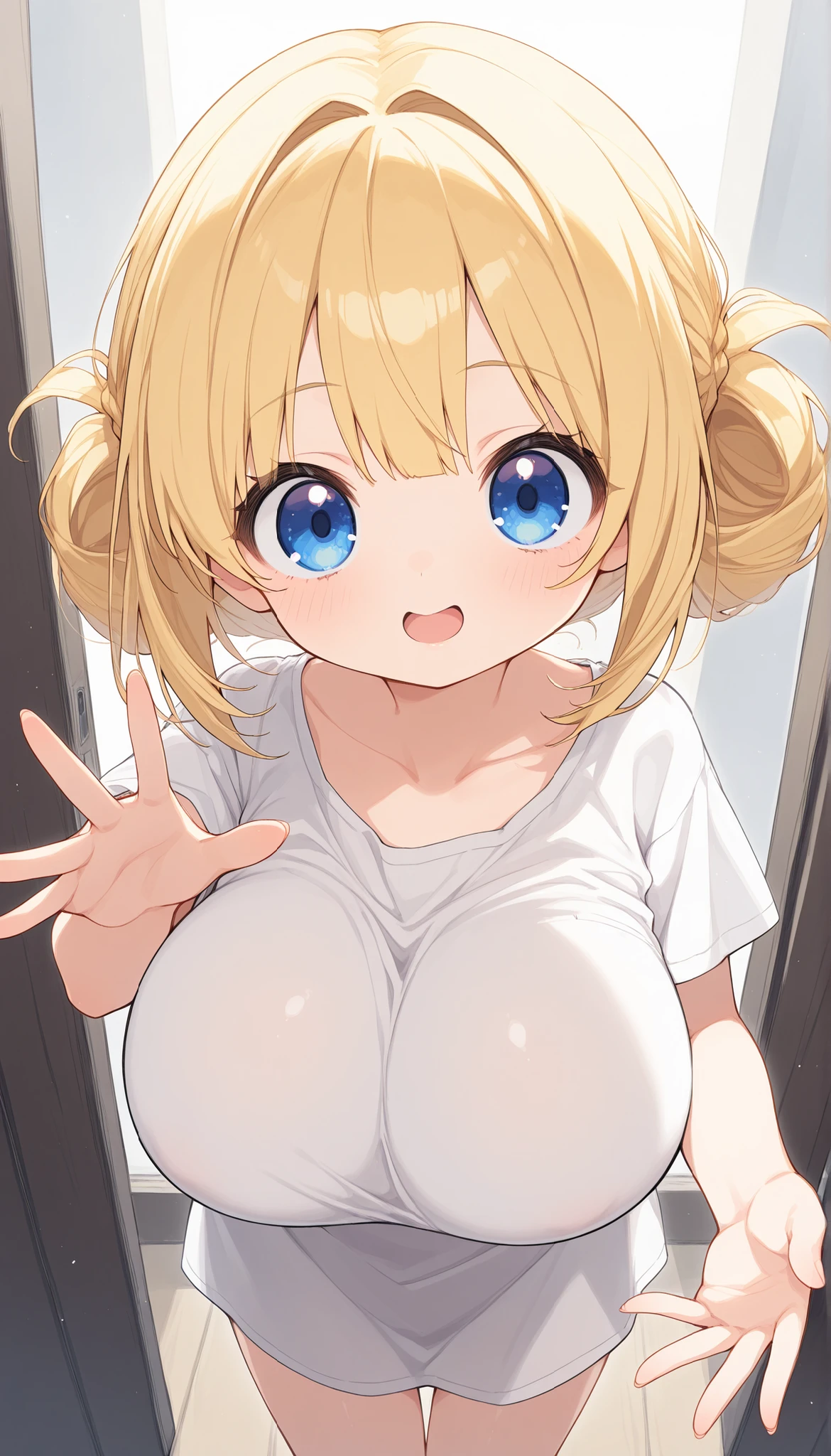masterpiece, ultra detailed, chibi girl, blonde bob hairstyle, big eyes, big head, solo, large breast, reaching forward, begging expression, 不透明な厚いシャツ