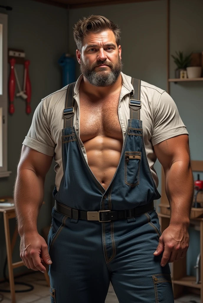 (best quality,ultra-detailed,realistic:1.37),bulky hunk,middle aged sexy muscle man,manly,facial hair,shirtless in apron,hairy pecs,sweating,erotic pose,nsfw,hyper muscles,physically-based rendering,professional,vivid colors,studio lighting,sharp focus,bokeh