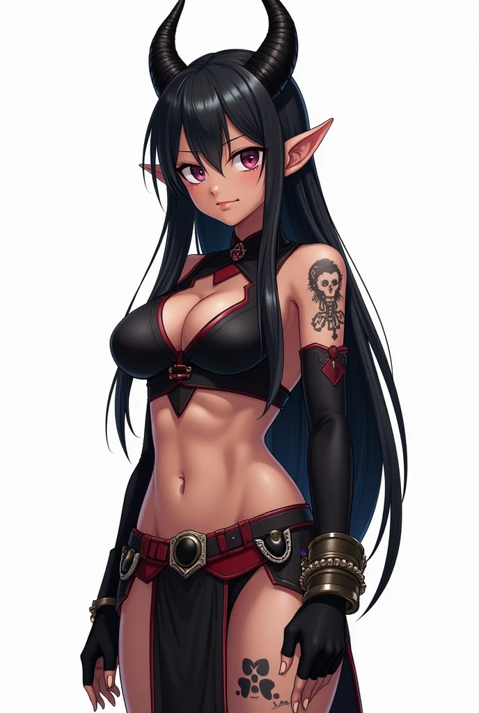 ultra detailed, anime girl, full-body portrait, leather armor, half-elf, raven black fauxhawk hairstyle with shaved sides, heavily freckled face, nose ring, dark red eyeshadow, single slashing scar across left cheek, opal colored eyes, coy smile, faded black and white neck tattoo of a beholder from dungeons & dragons