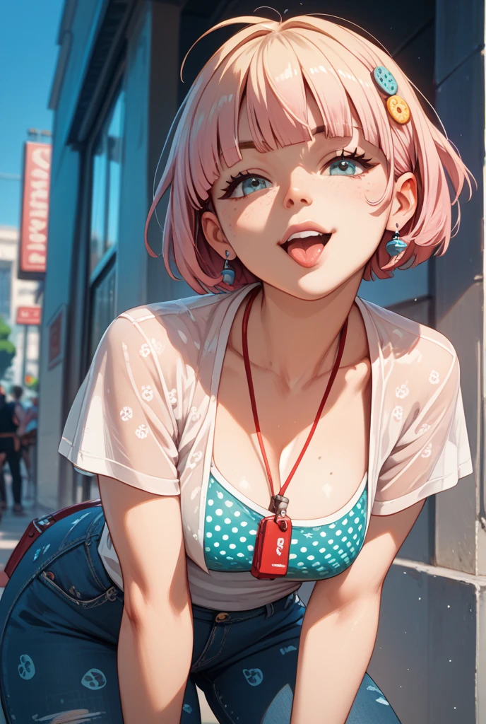 (Highest quality, 4K, 8k, High Resolution masterpiece:1.2), Very detailed, Picturesque, Anime-style photos, Photo Animation:1.37)、a beautiful girl、(Brunette Hair)、(pixie cut)、gyaru、tan、crowd、Street Corner、Ecstasy face、trembling、Sweat、Drooling、crying、vapor、Black choker、pierce、necklace、bracelet、