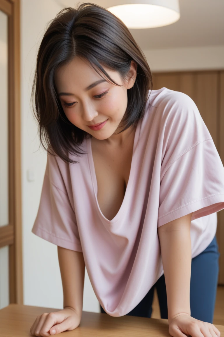 (masterpiece:1.3), (8K, Photorealistic, Raw photo, Best image quality: 1.4), One Japan schoolgirl、(Leaning forward:1.3)、Photographed from diagonally above、(Random Hairstyles:1.2)、Super detailed face、Attention to detail、double eyelid、Sharp focus:1.2、Beautiful woman:1.4、Light brown hair、Highest quality、masterpiece、Ultra-high resolution、(Photorealistic:1.4)、Highly detailed and professionally lit smile、(A random color tank top under a sheer random color oversized tunic sweater)、Pleated skirt、thin、Serious expression、Short-haired、Modern cafe