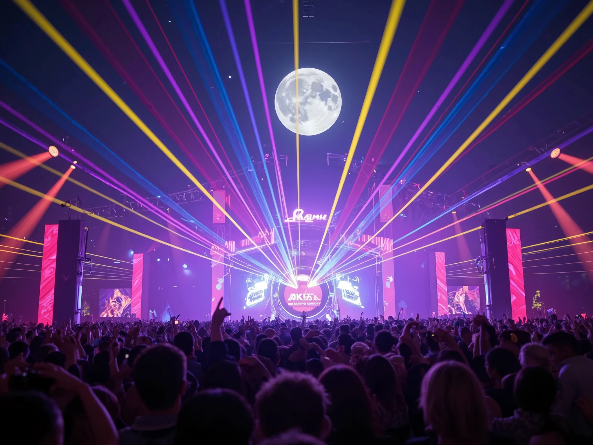 "Create a high-resolution digital image that captures the vibrant energy of a Dance rave. The scene must show a lively crowd dancing intensely amidst the effects of neon lights, lasers and holograms, transmitting an electrifying atmosphere of celebration and freedom. Ao fundo, a bright moon dominates the night sky, illuminating the entire scene with a magical and welcoming touch. Detail the reflections, contrasts and the saturation of the colors to emphasize the futuristic and festive atmosphere, where the vibration of the sound is combined with the natural beauty of the night. The image must be impactful, enchanting and perfect to express the combination of sound and celebration in an unforgettable rave."