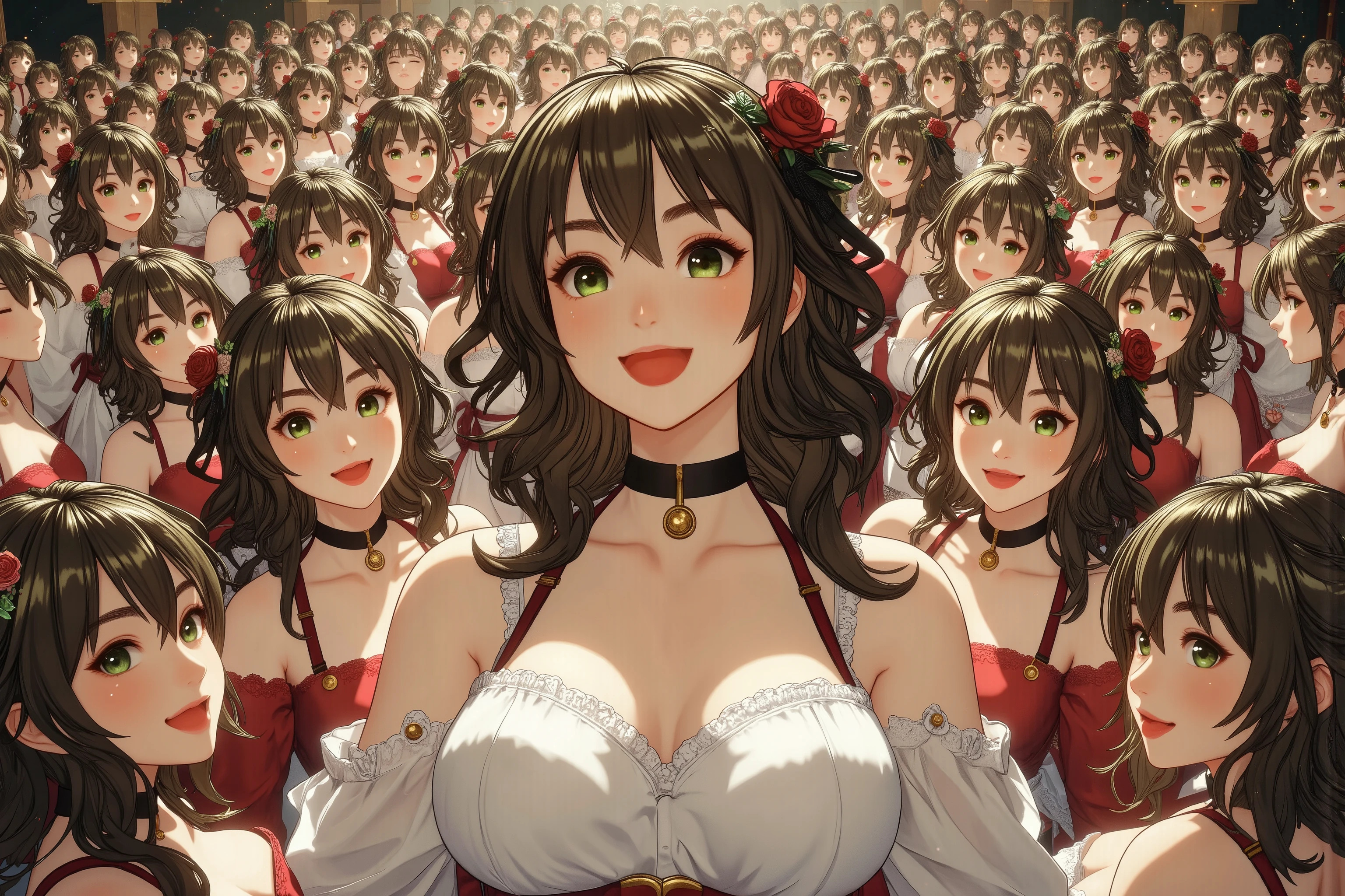 (((Myself=Japanese Beautiful Super Clones multiply girls))), (((((Myself OnlyのSuper Clones multiply girlsが大量増殖して超大群衆のMyself OnlyのSuper Clones multiply girlsと熱愛溺愛して抱擁した描写, Myself OnlyのSuper Clones multiply girlsはMyself OnlyのSuper Clones multiply girlsと淫乱中))))), (((high quality Animation Art))), (Super Best masterpiece, 16K, 最高画質, 超高解像度, 超最高の作品完成度), (((超とてもカワイイ笑顔, 嬉しい表情, 濃い焦げ茶色した髪の少女))), (((((とても美しく繊細で正確な女体の動き, とても正確で違和感ゼロの手や足の緻密な動き, 超巨乳, 胸の谷間強調))))), (((春服カジュアル衣装))), (とても詳細で正確な1点透視図法描写, 超広角視界, Super wide view, 多彩なアングル描写, ど真ん中被写体要らない),