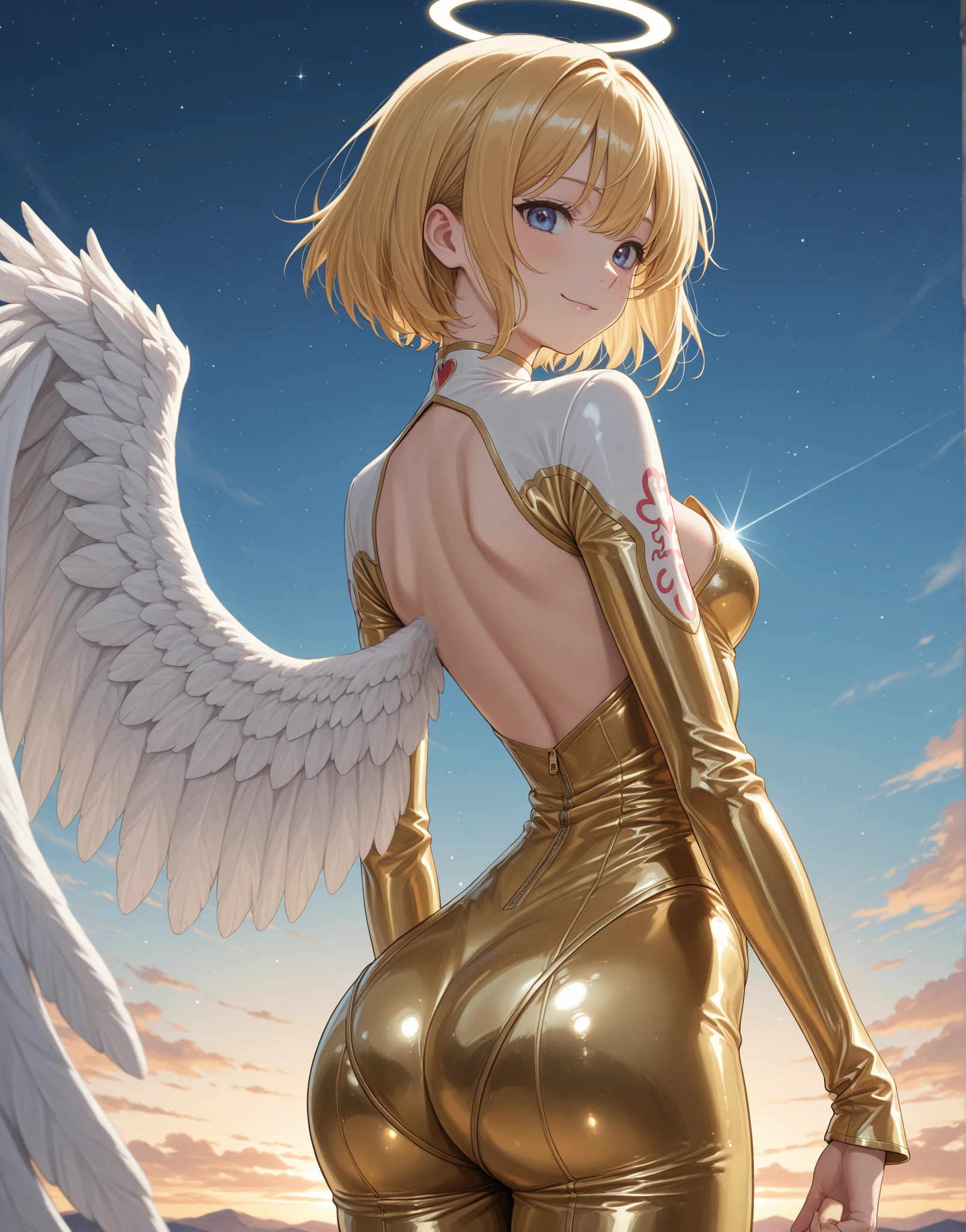 Naked golden angel brunette woman with a golden jacket and golden wings