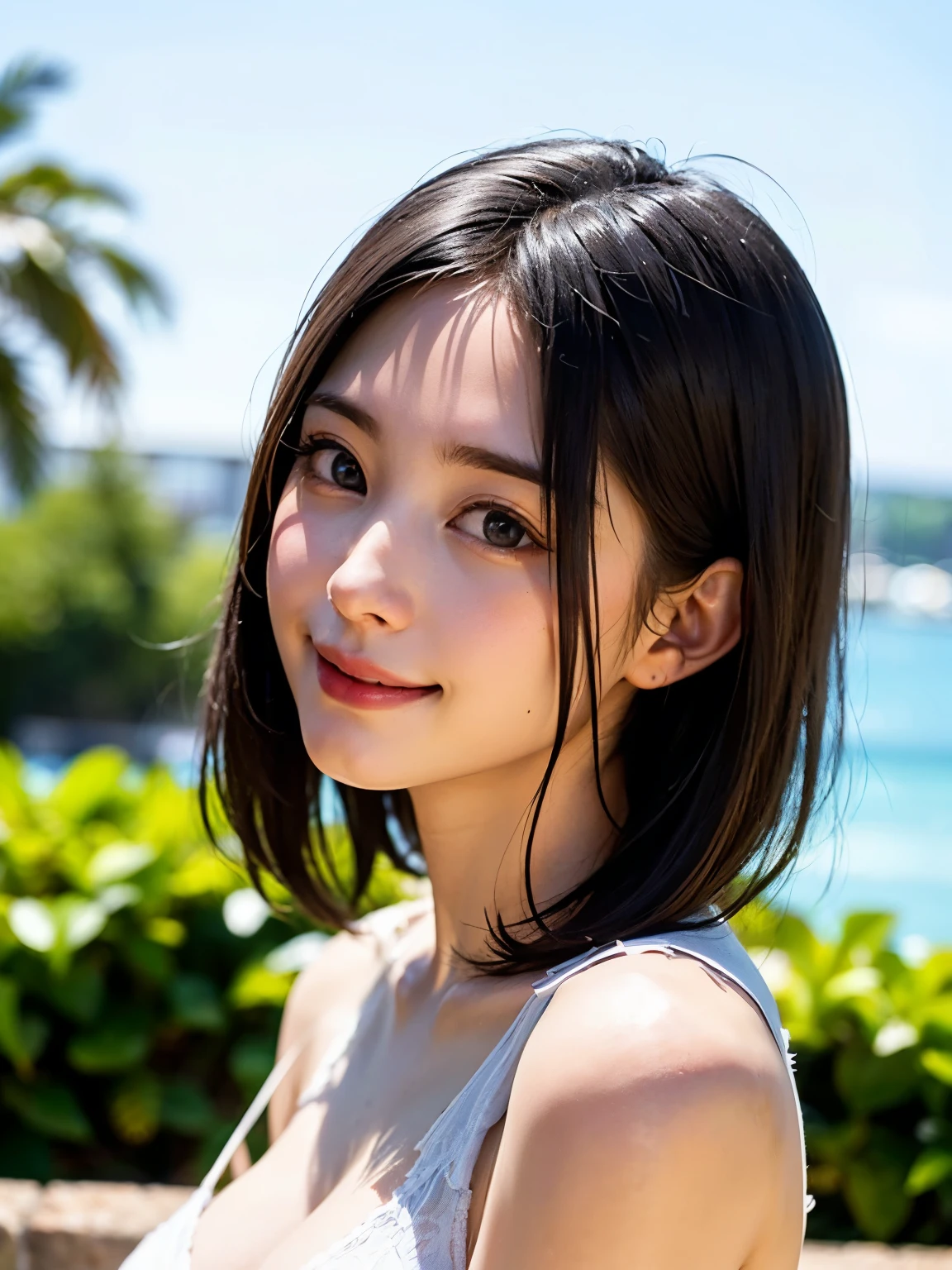 1 girl、highest quality、realistic、alone、Depth of written boundary、natural soft light、daytime、charm、beautiful face、cleanliness、pure face、white skin、cute、short hair、bangs、beach、Light of the sun、Nedium Breast Body Esbian、((セーター黄金比のbeautiful face 対称性のあるbeautiful face))、long neck、show me your ears、bangsのあるきれいな短いボブヘア、smile with your mouth closed、perfect hands指、perfect hands、perfect body、perfect face、Shine a light into your eyes、perfect anatomy:1.4、とてもcuteスーパーモデル:1.4、{Huge|big|Hugeな|mega} chest, cleavage、Smile:1.6、Very beautiful teeth:1.6