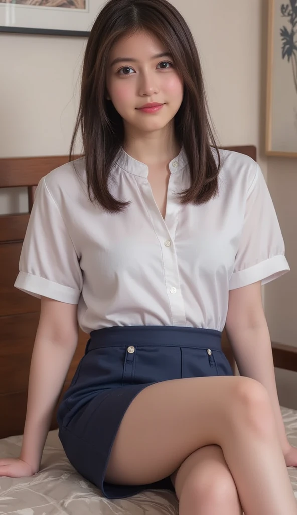 Mix 4, (16K, RAW Photos, Best image quality, masterpiece: 1.45), (Realistic, Realistic: 1.37), One Girl, cute, Professional Lighting, Photon Mapping, Bedroom, Physically Based Rendering, Dark brown long bob hair,beautiful, well-groomed eyes、double eyelid、With a girl, (((Short-sleeved shirts worn by Japanese high school girls、Checked mini skirt,、Dark blue socks、Black Loafers))), Highest quality photos, High resolution, 1080P, (Clear Face), (Detailed face description), (Detailed hand description), (masterpiece), (Exquisite CGI)、Extreme light and shadow、Disheveled Hair、masterpiece、Rich details、(beautiful Faces)、(Top quality photoassessing muscle area)、(Fine grain)、Look in front of you、Thin clavicle、((Slim and large))、シャツを捲れてbeautiful胸が確認できる、(((In Japan, we wear short-sleeved shirts)))、((Pure Idol))、((明るいBedroom))、(Shot from random perspectives)、(((とにかくcute)))、Earrings、Big smile、Drawing the whole body from the knees、No nasolabial folds、(Large and firm breasts:1.2)、Tight big ass、Two arms and two legs、(((from the front:0.4)))、bare hands、Symmetrical eyes
