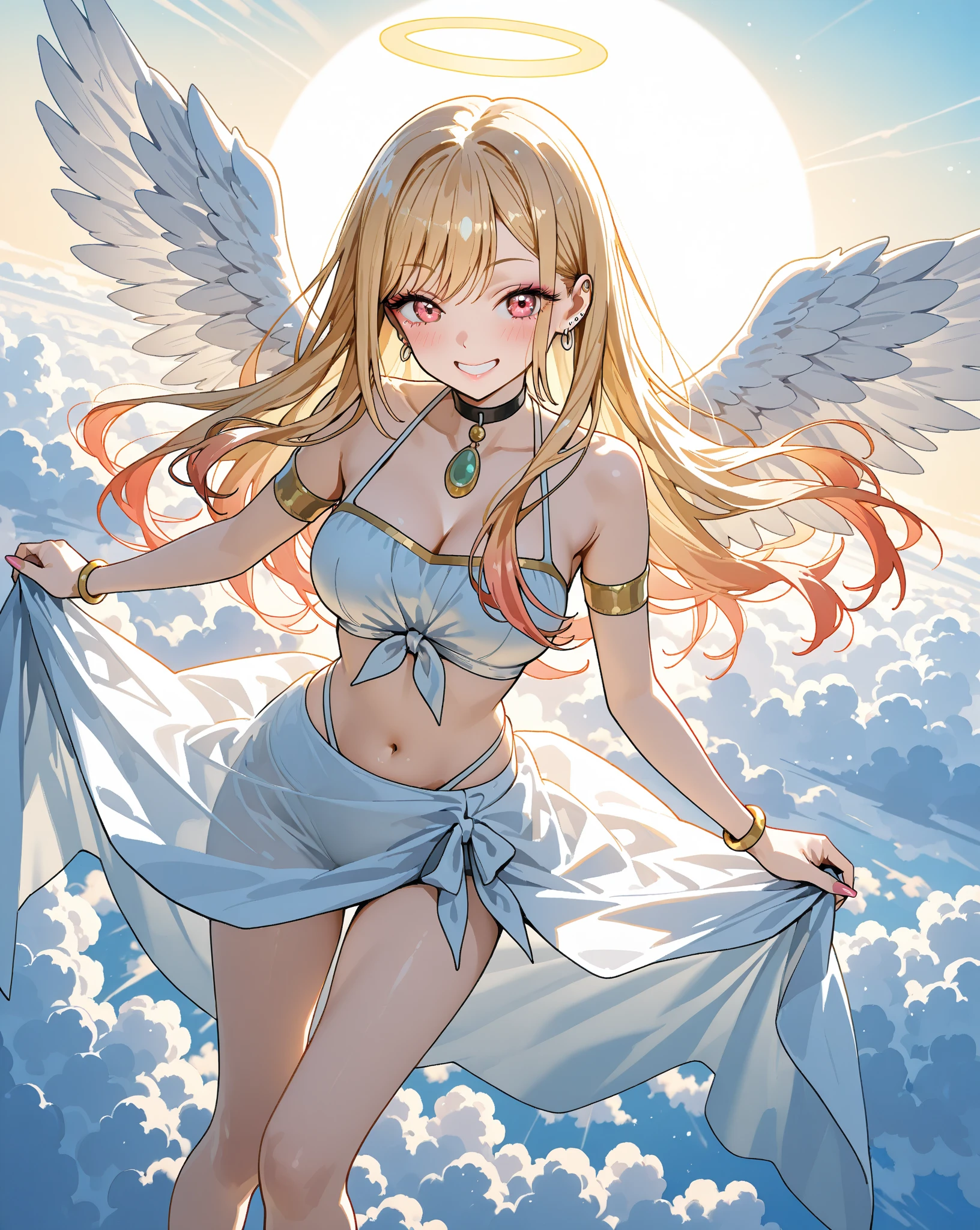 4k anime Illustration, upper body, beautiful young woman, long hair, peach colored hair, messy hair, magenta eyes, large eyes, (tiny breasts: 1.4), flat chest, massive hips, (gigantic thighs: 1.3), huge ass, white wings, feathery wings, Angel wings, halo, crown, (open-chest sweater: 1.3), cleavage,