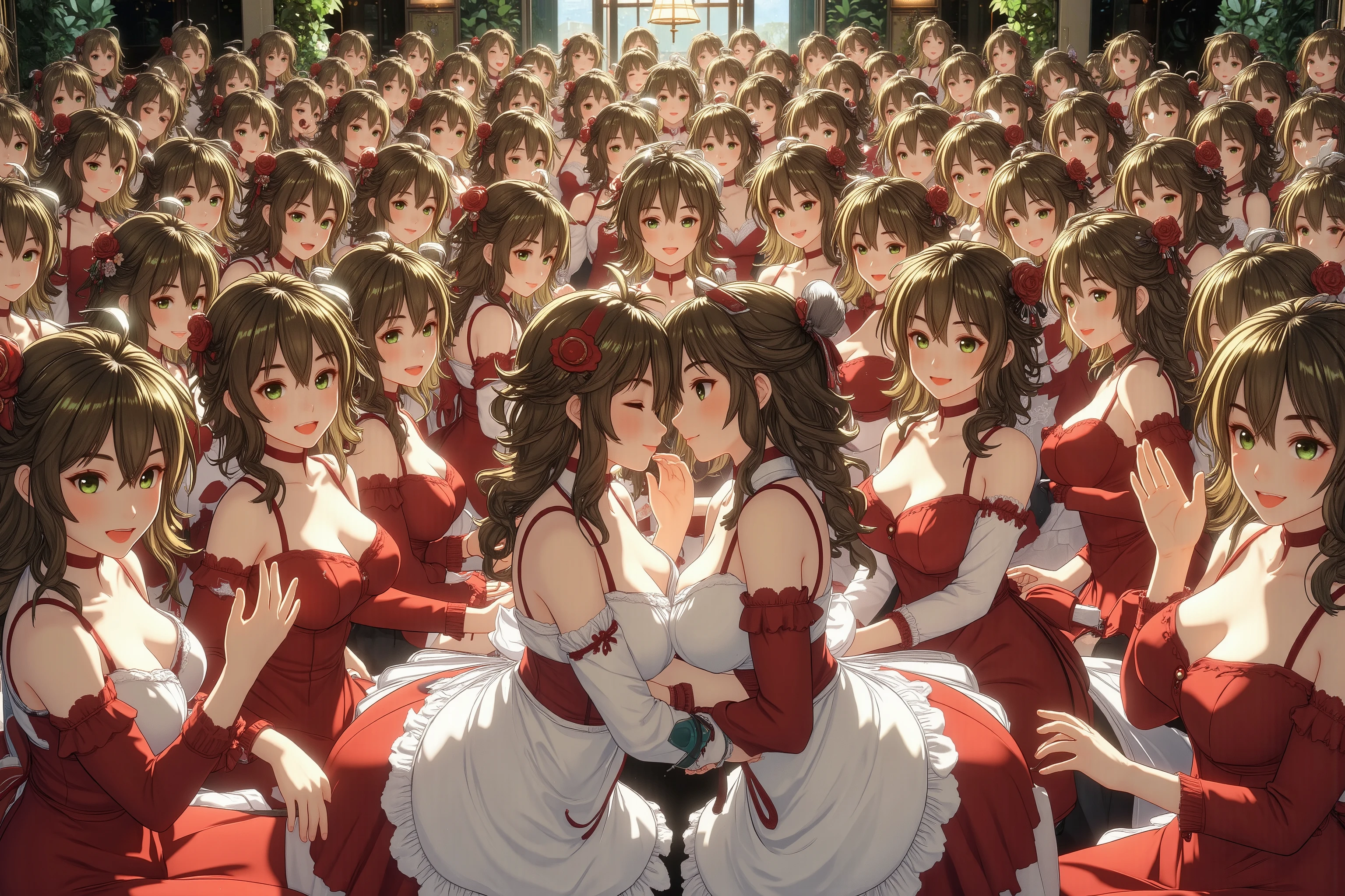 (((Myself=Japanese Beautiful Super Clones multiply girls))), (((((Myself OnlyのSuper Clones multiply girlsが大量増殖して超大群衆のMyself OnlyのSuper Clones multiply girlsと熱愛溺愛して抱擁した描写, Myself OnlyのSuper Clones multiply girlsはMyself OnlyのSuper Clones multiply girlsと淫乱中))))), (((high quality Animation Art))), (Super Best masterpiece, 16K, 最高画質, 超高解像度, 超最高の作品完成度), (((超とてもカワイイ笑顔, 嬉しい表情, 濃い焦げ茶色した髪の少女))), (((((とても美しく繊細で正確な女体の動き, とても正確で違和感ゼロの手や足の緻密な動き, 超巨乳, 胸の谷間強調))))), (((春服カジュアル衣装))), (とても詳細で正確な1点透視図法描写, 超広角視界, Super wide view, 多彩なアングル描写, ど真ん中被写体要らない),