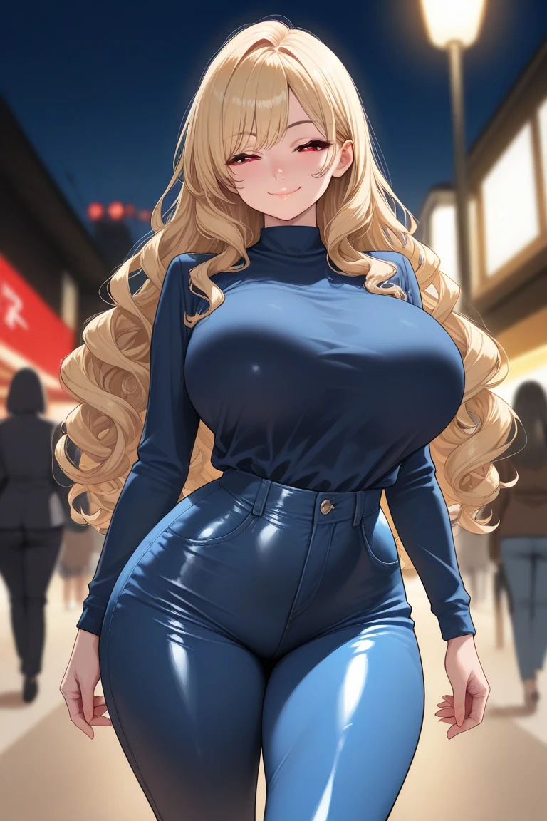 ((Masterpiece, best quality, perfect lighting, amazing shading)), (perfect anatomy, realistic proportions), field of depth, extremely beautiful, 1girl, (blonde hair), ponytail, green eyes, (neon blue sweater), leggings, (chubby), (ribbed sweater dress), exposed shoulders, black undershirt, high waisted belt, black tights, cute smile, cozy apartment background, detailed background, (cowboy shot)