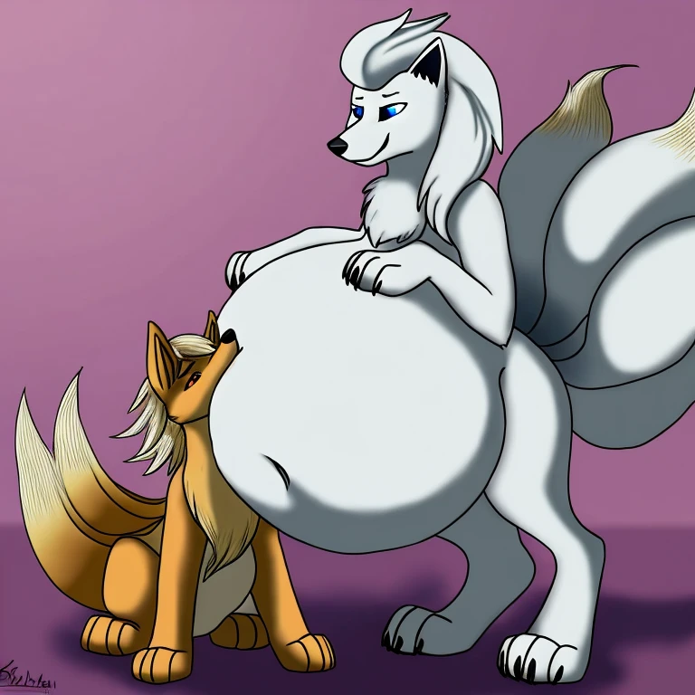 Femboy, long white hair, huge breasts, erect penis with huge balls, fox ears, 9 fox tails, 4 arms, full body.