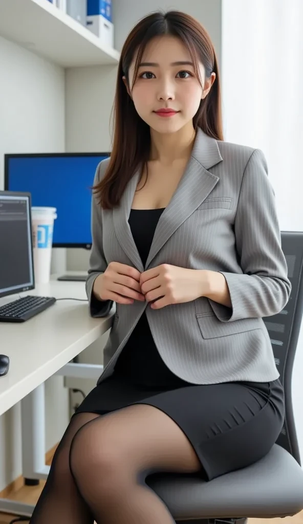 Best Quality, Photorealistic, 8k, High Definition, 1 Girl, Female, (Medium: 1.8), Office, Pubic hair visible, Grey suit, No panties, Skirt up, Work, Sitting in chair and legs wide open