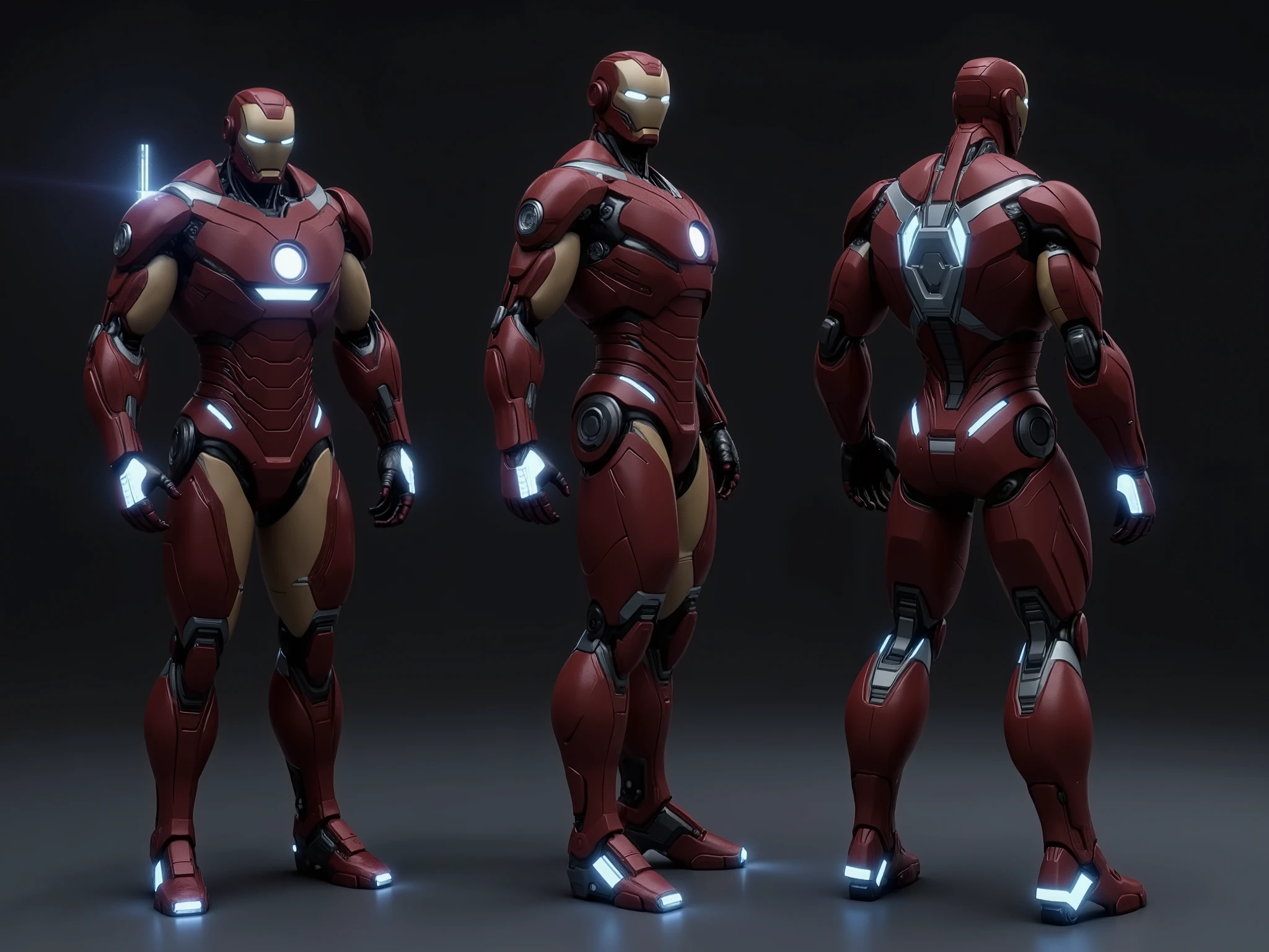 Create a highly detailed image of a prototype armor inspired by Ironman Mark VI, designed in a retro style. The armor should feature the following elements:
1. **Overall Design**: Full-body 6ft armor with a vintage aesthetic, emphasizing a rugged, industrial look. The silhouette should reflect the original Mark VI design but with modernized retro touches.
2. **Color Scheme**: Predominantly red metallic color white, silver and gold accents to enhance the retro feel.
3. **Jet Pack**: Include a prominently designed jet pack on the back, equipped with visible plasma thrusters with nozzles that emit a bluish glow, showcasing advanced technology.
4. **Jet Boots**: The boots should be designed with integrated plasma thrusters, effectively demonstrating their functionality and style. The thrusters should also emit a bluish light, complementing the jet pack.
5. **Power Source**: Incorporate a large triangular arc reactor at the center of the chest, glowing brightly and serving as the main power source for the armor.
6. **Views**: Provide three perspectives: a front view showcasing the full armor and the arc reactor, and a back view highlighting the jet pack and thrusters, and the side view
7. **Background**: Use a simple, neutral background that emphasizes the armor without distractions, allowing the intricate details to stand out.
Ensure the image conveys a sense of power and innovation while staying true to the retro theme.