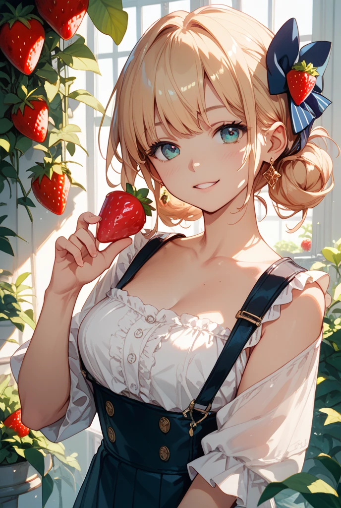 Beautiful blonde girl 50% like claudia shifter having breakfast, eating strawberries ( masterpiece) (realistic photography) (daylight)( detailed)