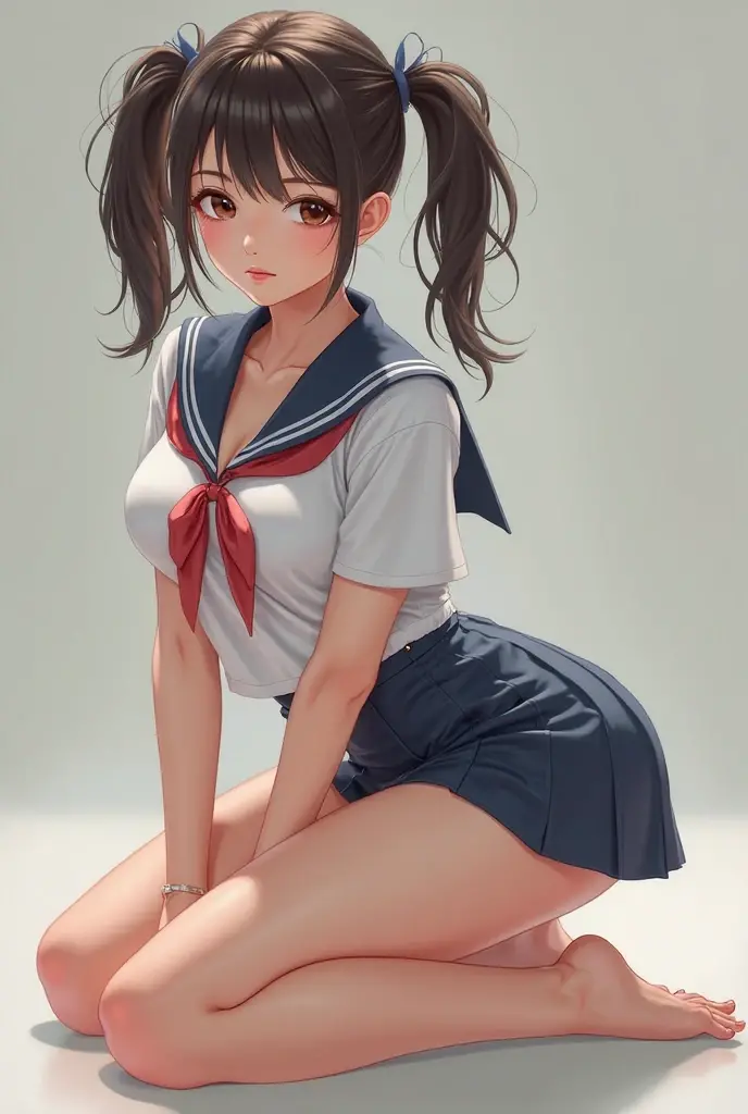 (Highest quality, 8k, masterpiece:1.3,beautiful girl), (masterpiece:1.3, Highest quality, Ultra-high resolution, Very detailed),Beautiful body, Beautiful breasts, Beautiful thighs, Beautiful feet, Beautiful fingers, Glowing Skin,(((Long Hair,Black Hair,Beautiful Hair))),(Perfect Anatomy, Anatomically correct, Very detailed肌), Cute and symmetrical face, Perfect Face, Perfect Eyes, ((Perfect Fingers, Five Fingers)), (((whole body,Draw the whole thing)))((Two Arms)),((high school girl,Sailor suit,Knee-high socks,With sleeves)),((Hairstyle,ponytail,her hair color is brown,))School,blush,Hair tied up