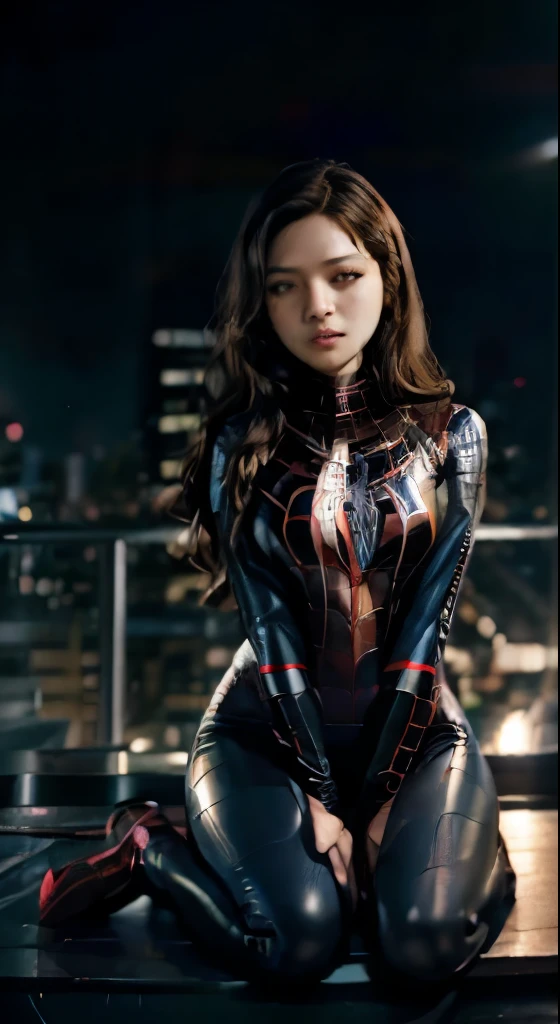 (Wear Female Spider-Man_cosplay_outfit:1.1), full body suit, Sky front, nice hand,4K, A high resolution, tmasterpiece, best qualtiy, head:1.3,((Hasselblad photograp)), finelydetailedskin, tack sharp focus, ( movie lights),the night，softlighting，dynamic angle，[:(detail in face:1.2):0.2]，middlebreast，takeout，On the rooftop，City high-rises，with black background