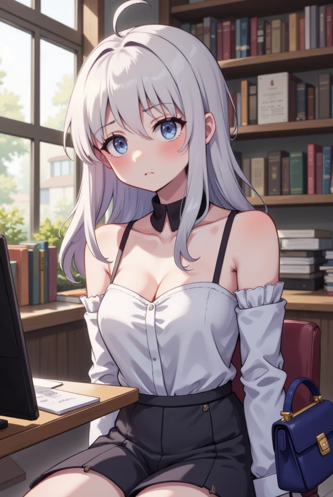 (8K, Best Quality, Masterpiece:1.3)), Ultra High Resolution, (1 Girl, 1 Person), (Color Changing Eyes, Super Detailed, Expressive Sparkle, Sparkling, Glowing Eyes), Highly Detailed Eyes, Highly Detailed Face, Random Hair, (Silver Gray Color), "Woman Wearing a Casual Jacket with a Low Neckline". The background is a corner of a modern office, with clean white walls and a simple desk creating a calm atmosphere. A laptop and some documents are neatly placed on the desk, and natural light from the window brightens the room. The woman is captured at an angle from above, with her silver hair in a neatly tied ponytail that flows over her shoulders.
She is wearing a chic black casual jacket with a low neckline. The V-shaped cut of the jacket accentuates her low neckline, and a simple gray bra is visible underneath. The silhouette of the bra is faintly visible, and the fabric of the jacket fits her body neatly.
Her expression is calm, and she is smiling confidently. The blush is natural and matches the stylish vibe of the office. The clean décor and bright lighting in the background flatter her figure and add a sophisticated glow to the overall look.