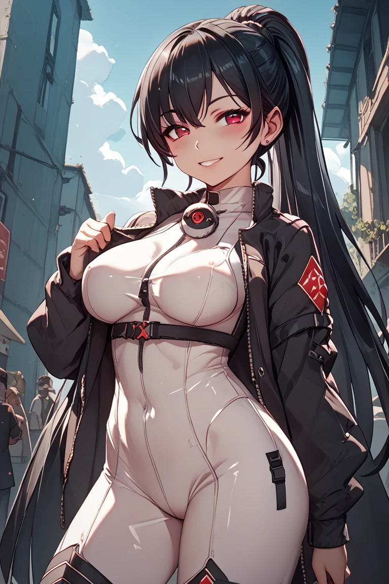 (8K、Top image quality、top-quality、masterpiece)、1 girl in、Black hair long hair、Fox ears、red eyes、smirk grin、large full breasts、(black spysuit)、zipper、black leggings、Carrying a motorcycle helmet、cowboy shot、blue open sky、Racing circuit background