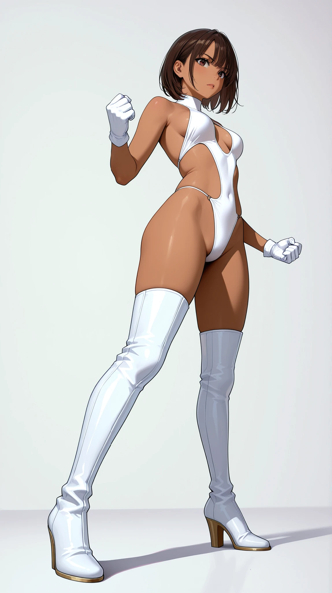 bronze skin, tanned, gorgeous woman, full body shot, lithe, blank background, black background, tattered clothes, white tunic, leg slit, boots
