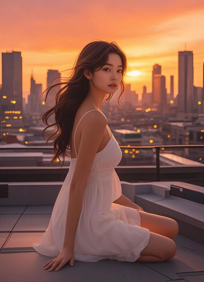 1 beautiful girl, sad girl, sitting by the window, long hair, beautiful face without blemishes, rosy face, earrings, brown eyes, thin eyebrows, most thorough makeup is eyelashes, Pink lipstick, lips petite, graceful smile, The breasts are full and round, slim waist, moderately big butt, long legs, wear a thin white shirt that reaches to the waist, black mesh stockings, long hair, one afternoon, sunset is fading, sky color orange, clear sunset background image, sad girl, sitting by the window, quality best image quality, 8k quality, real girl, girl portrait sitting by the window, artwork, upper body