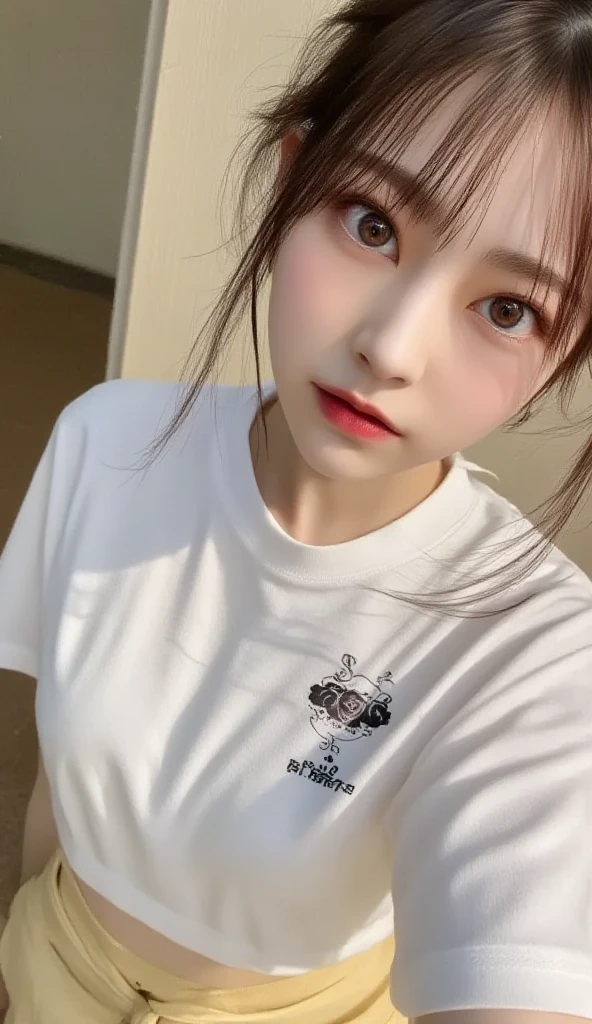 masutepiece, Best Quality, Illustration, Ultra-detailed, finely detail, high resolution, 8K Wallpaper, Perfect dynamic composition, a bit chubby:0.3, 1 beautiful girl, pointing at the viewer, ((close up:1.3, looking at viewer)), Beautiful detailed eyes, (wearing black t-shirts, short bob-hair, color base on white black),