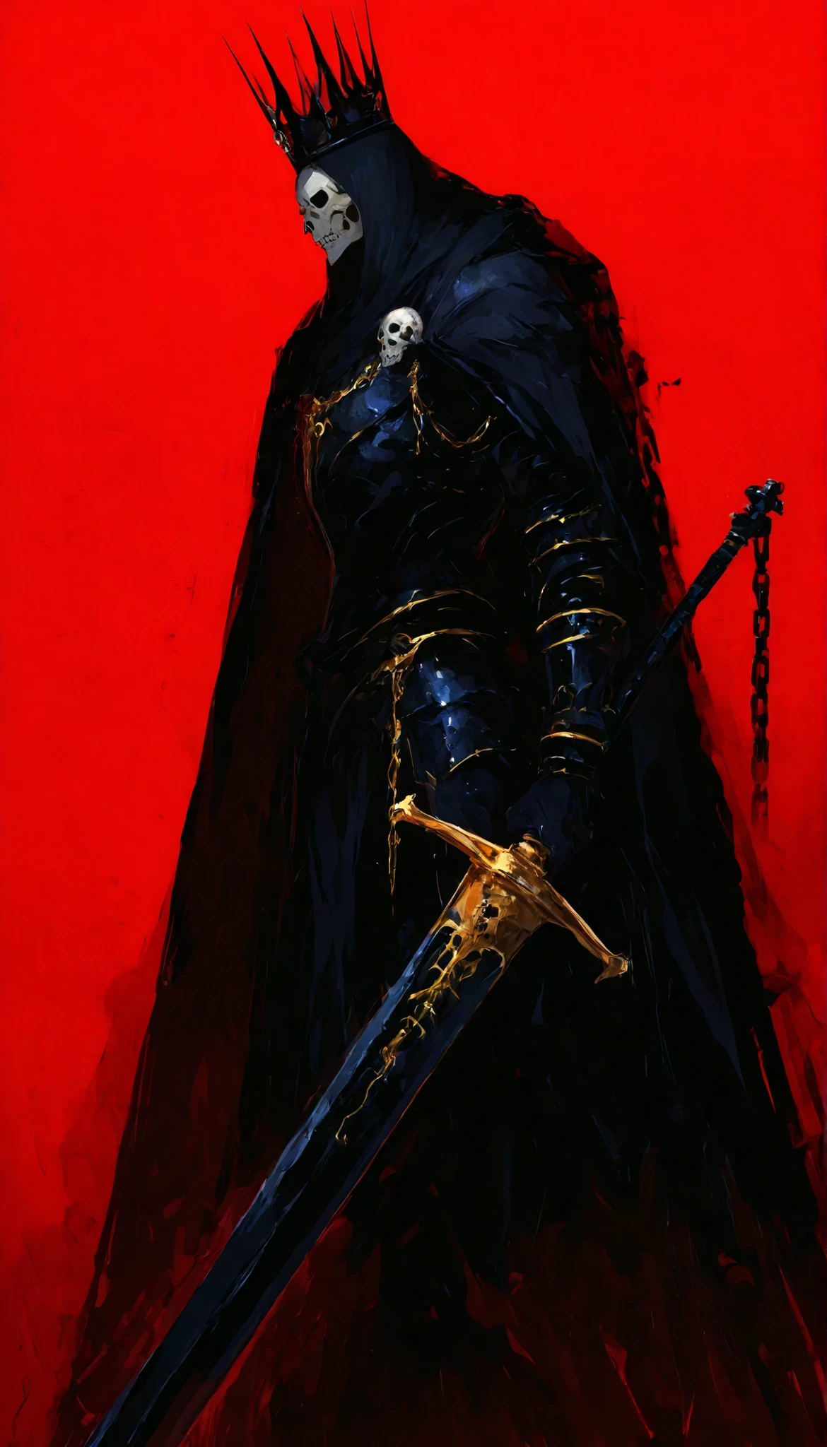 Skull King,Black suit,banana,black cloak,Skull Jewelry,Black Armor,Black Giant Sword,slim,side view,,There are 4 ,knight,With a crown,Long black chain,red background,Gold Jewelry,