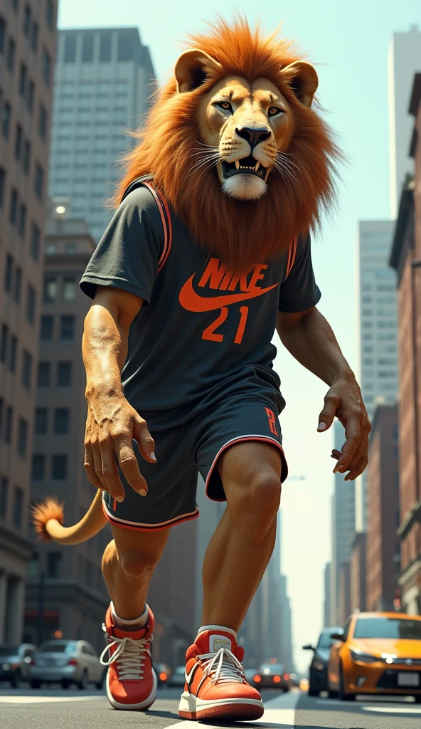 (best quality,4K,8K,high resolution,masterpiece:1.2),Extremely detailed,(Practical,photoPractical,photo-Practical:1.37)summer，Muscular man in casual clothes walking on the road，Lion holding ice cola，Wear T-shirt shorts